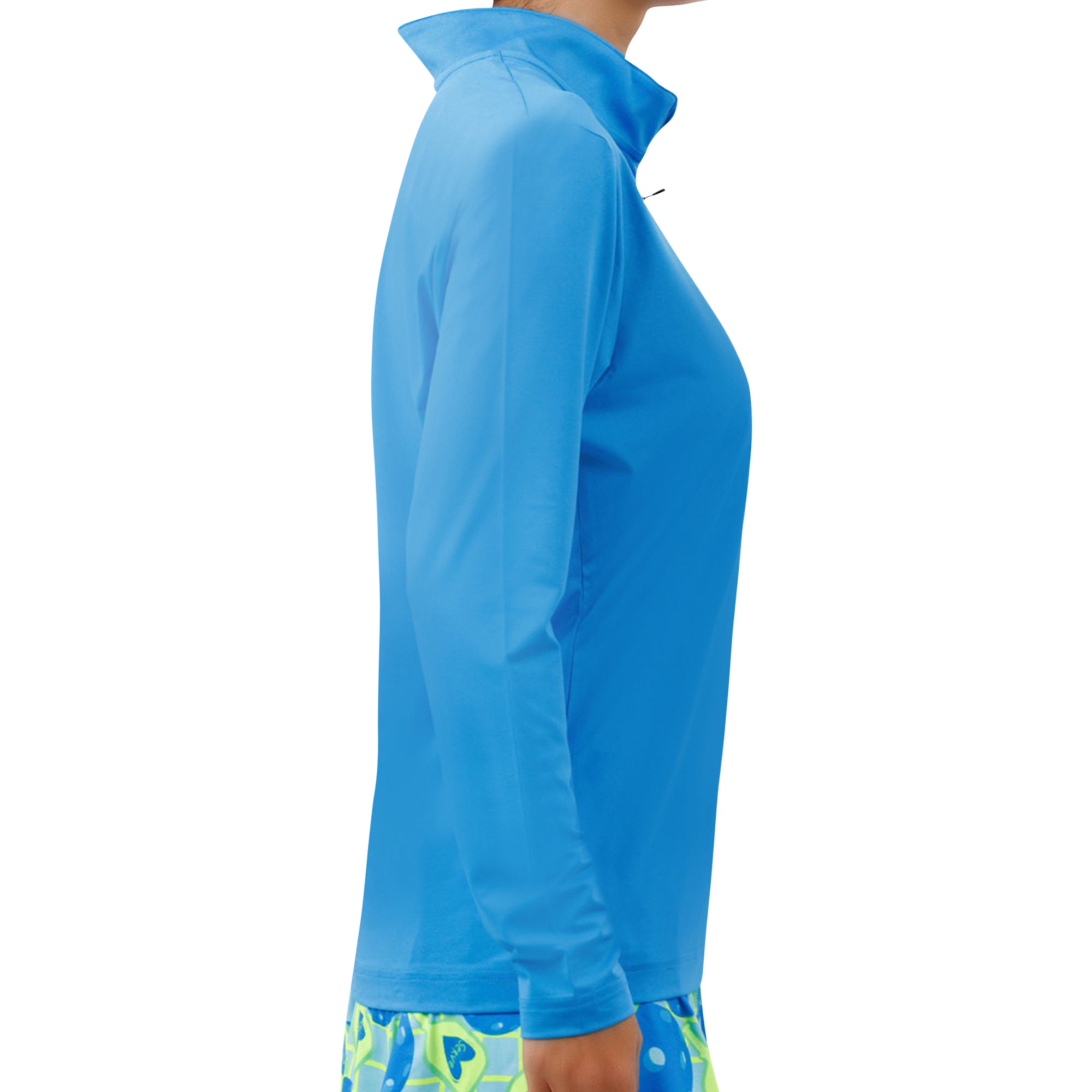 Blue long-sleeve top worn by a person on a white background