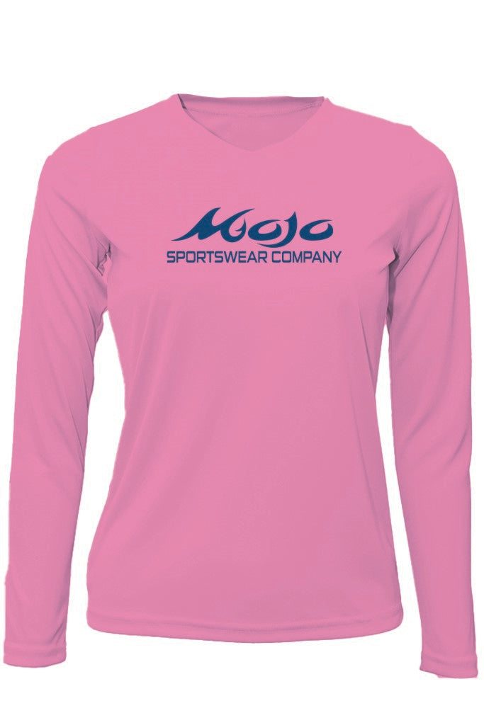 Pink long-sleeve shirt with 'Mojo Sportswear Company' logo on a white background
