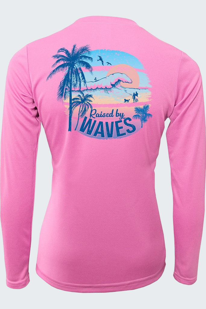 Pink long-sleeve shirt with a tropical graphic on the back against a white background