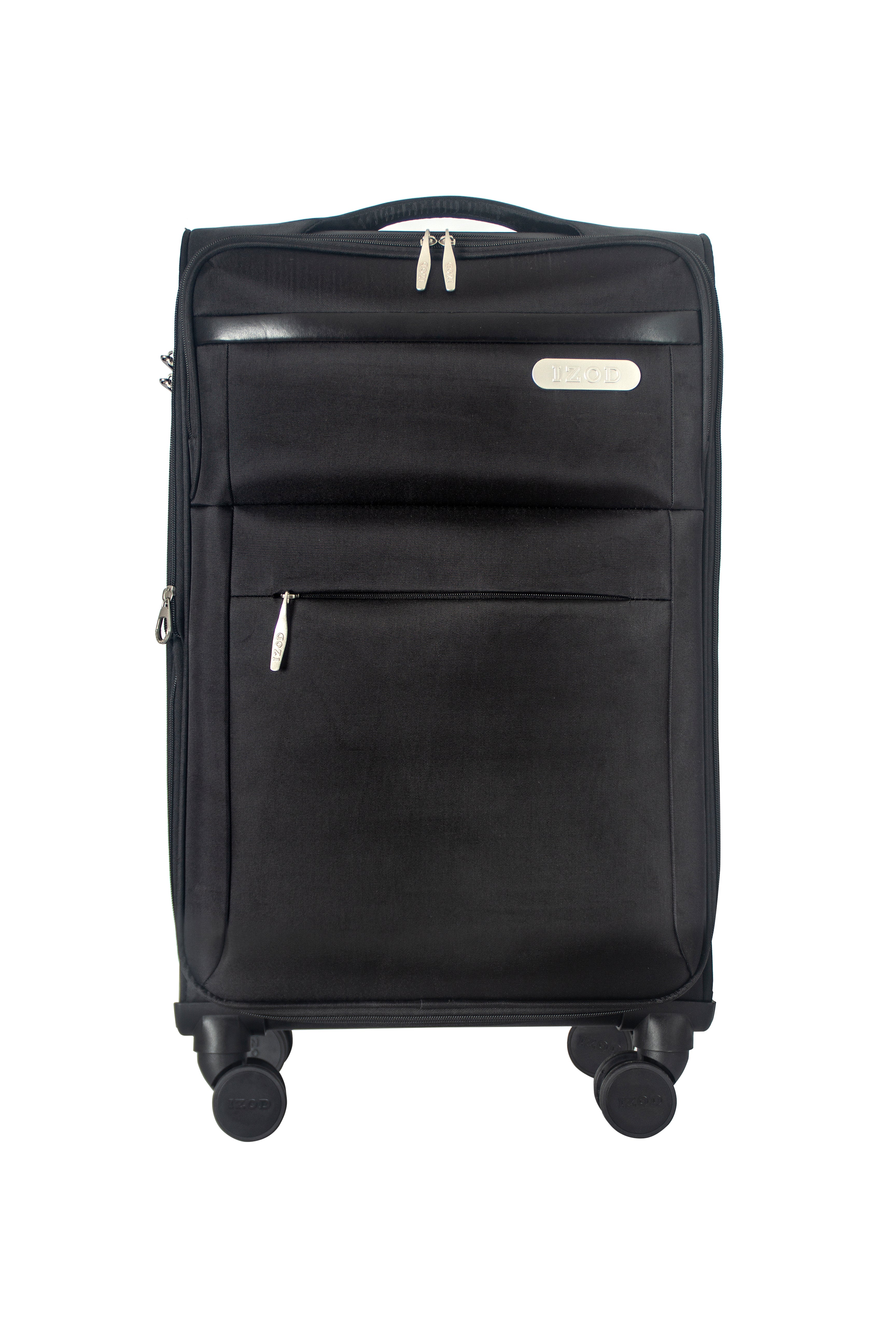 Black suitcase with wheels on a white background