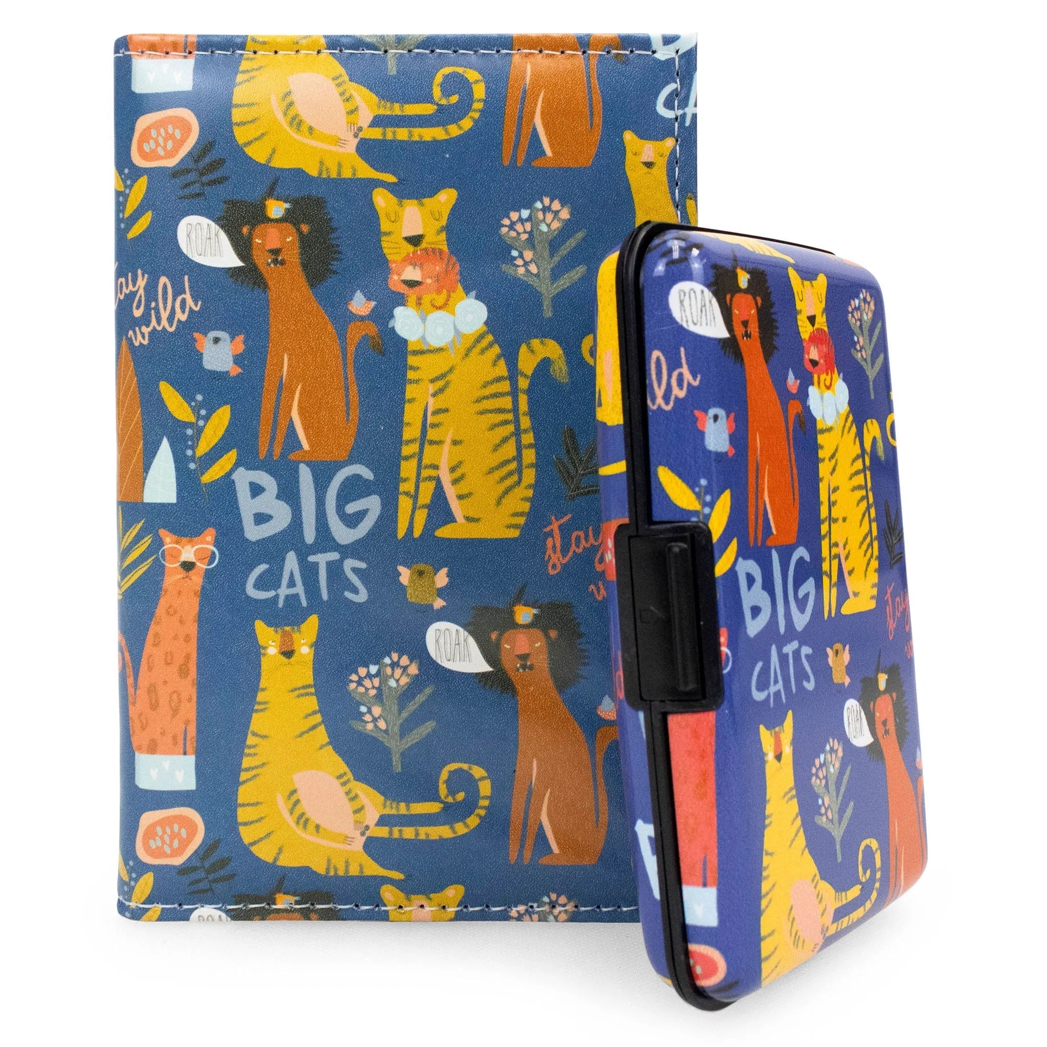 Colorful case with big cat illustrations on a blue background