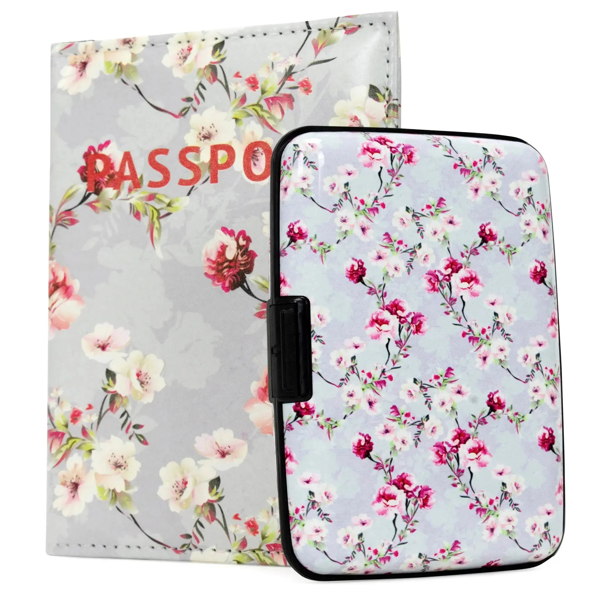 Floral passport holder with 'PASSPORT' text on a light blue background