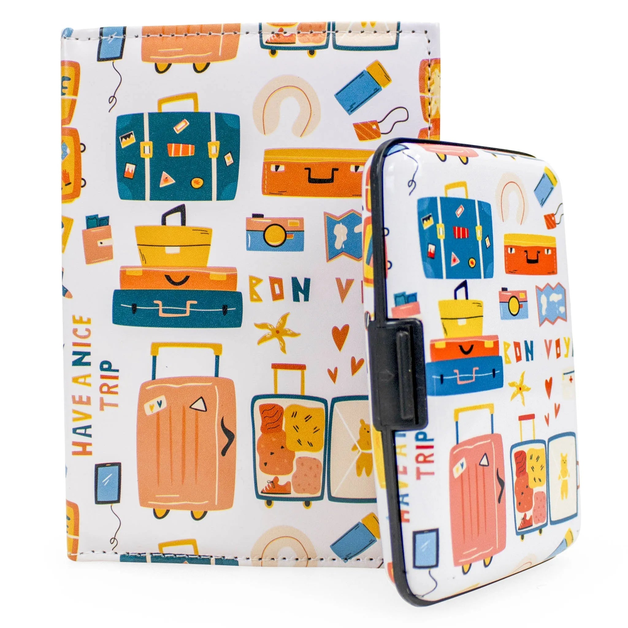 Phone case with travel-themed design featuring suitcases and luggage icons on a white background.