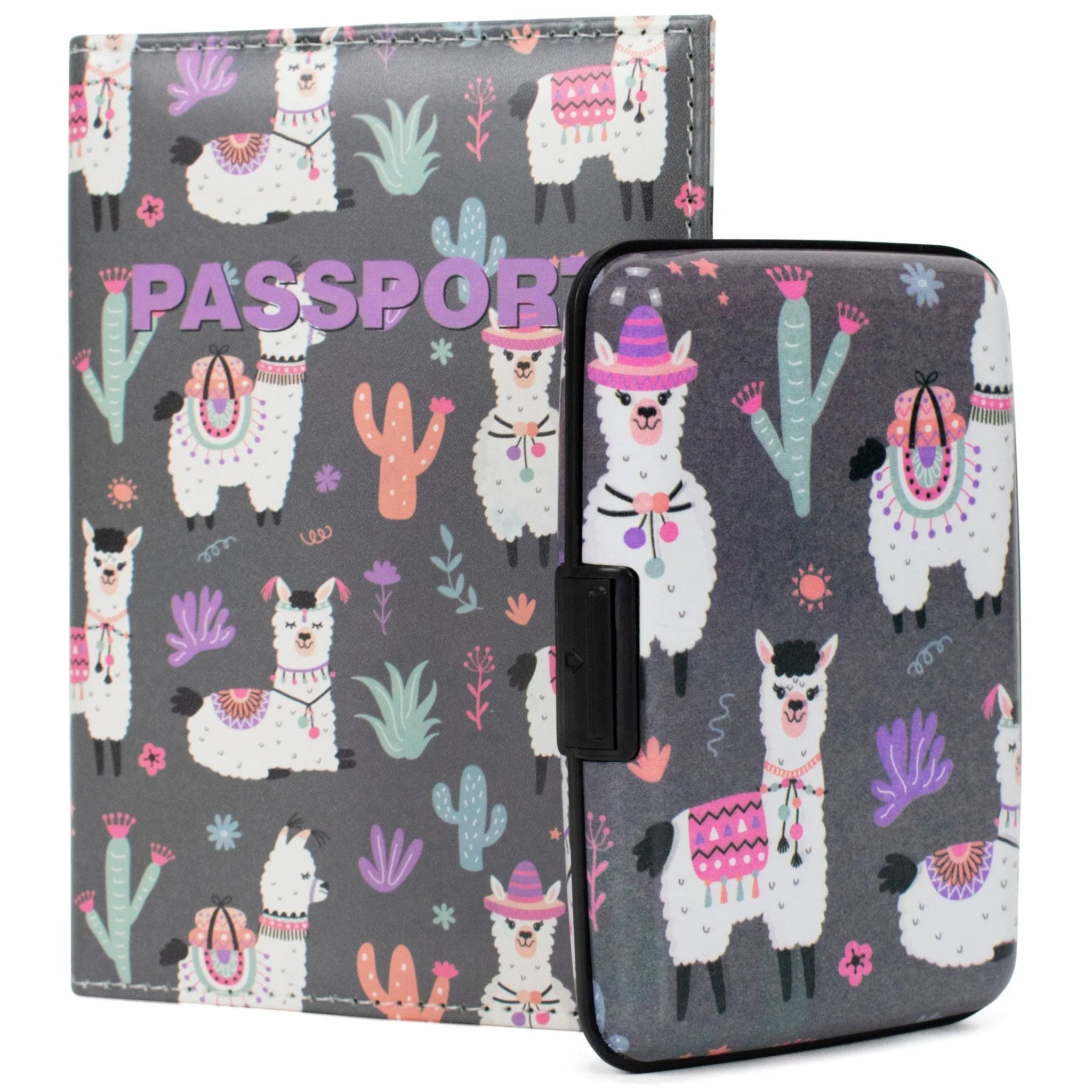 Passport holder with llama and cactus pattern on a gray background
