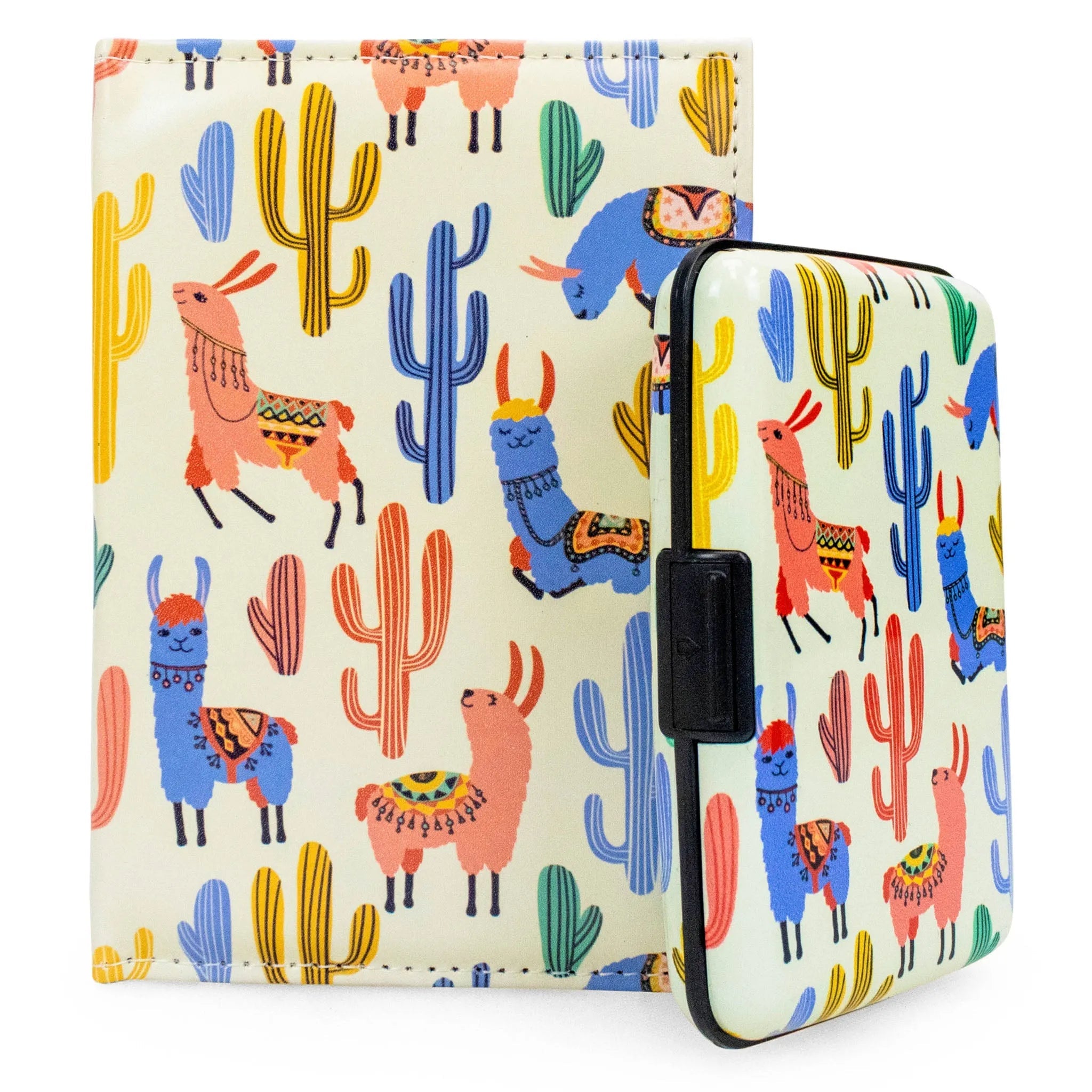 Small suitcase with colorful llama and cactus pattern on a white background