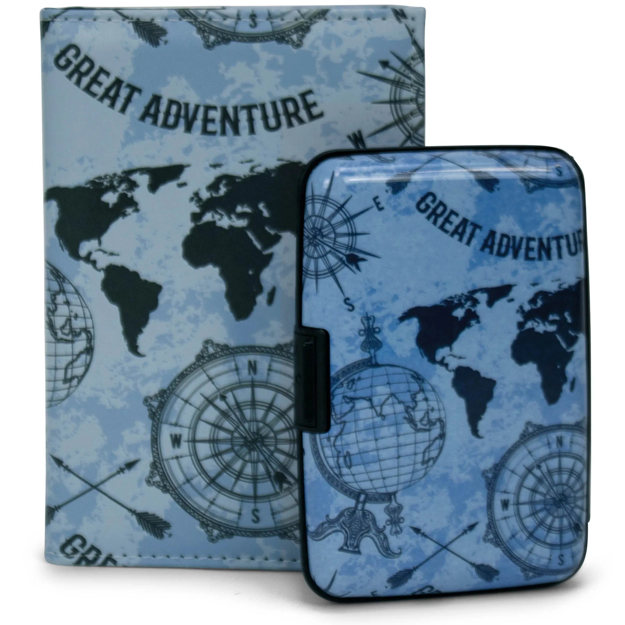 Blue case with world map and 'Great Adventure' text on a white background
