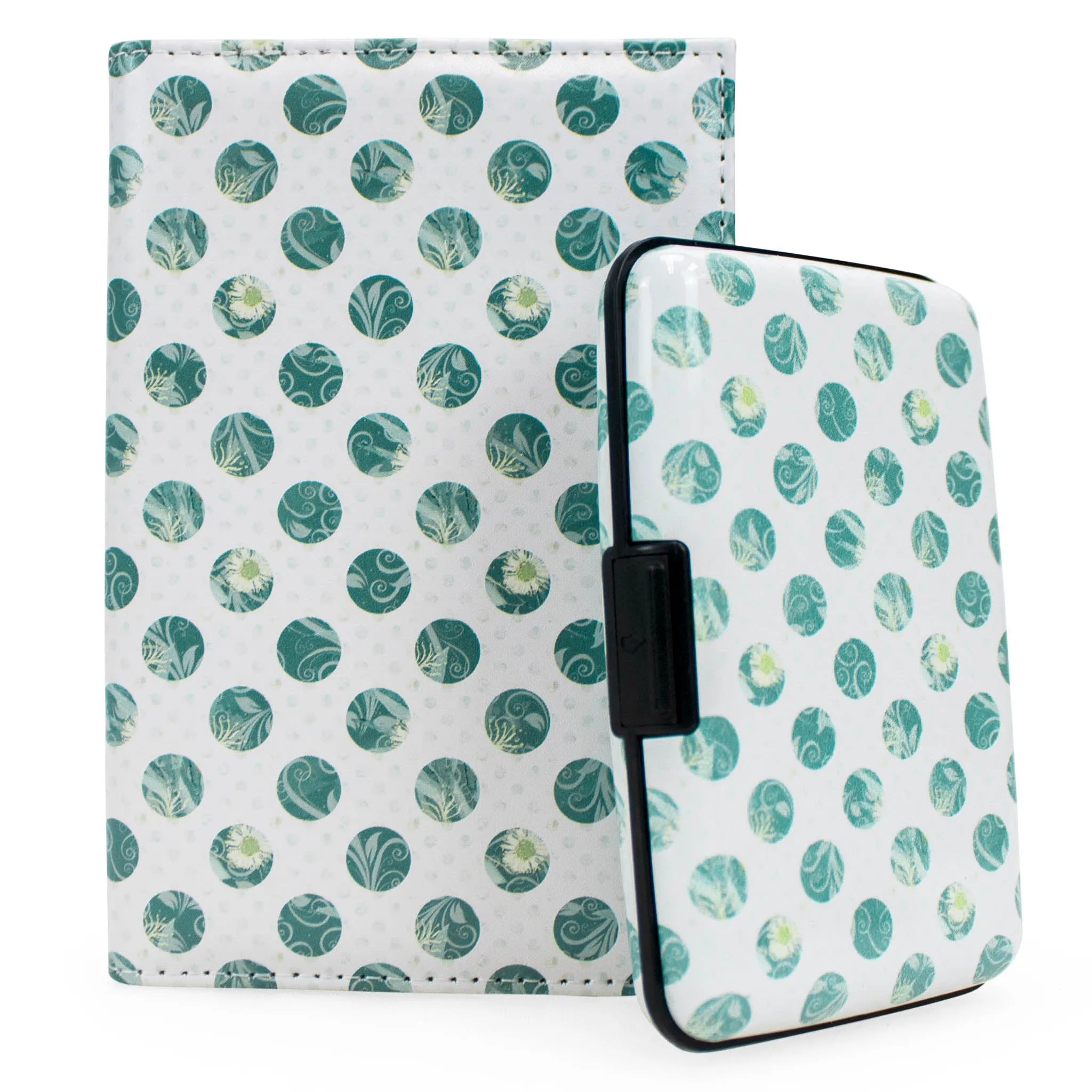 Patterned case with a black strap on a white background