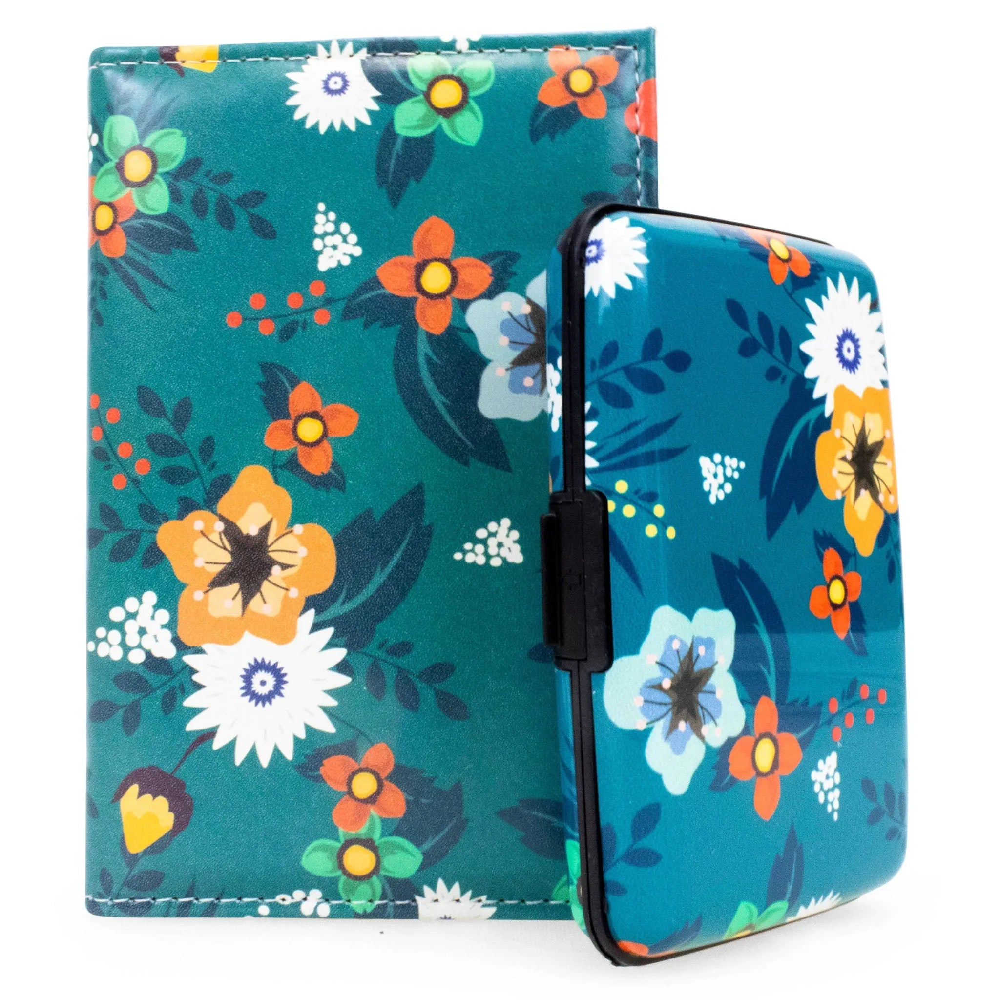 Floral-patterned case with a phone on a white background
