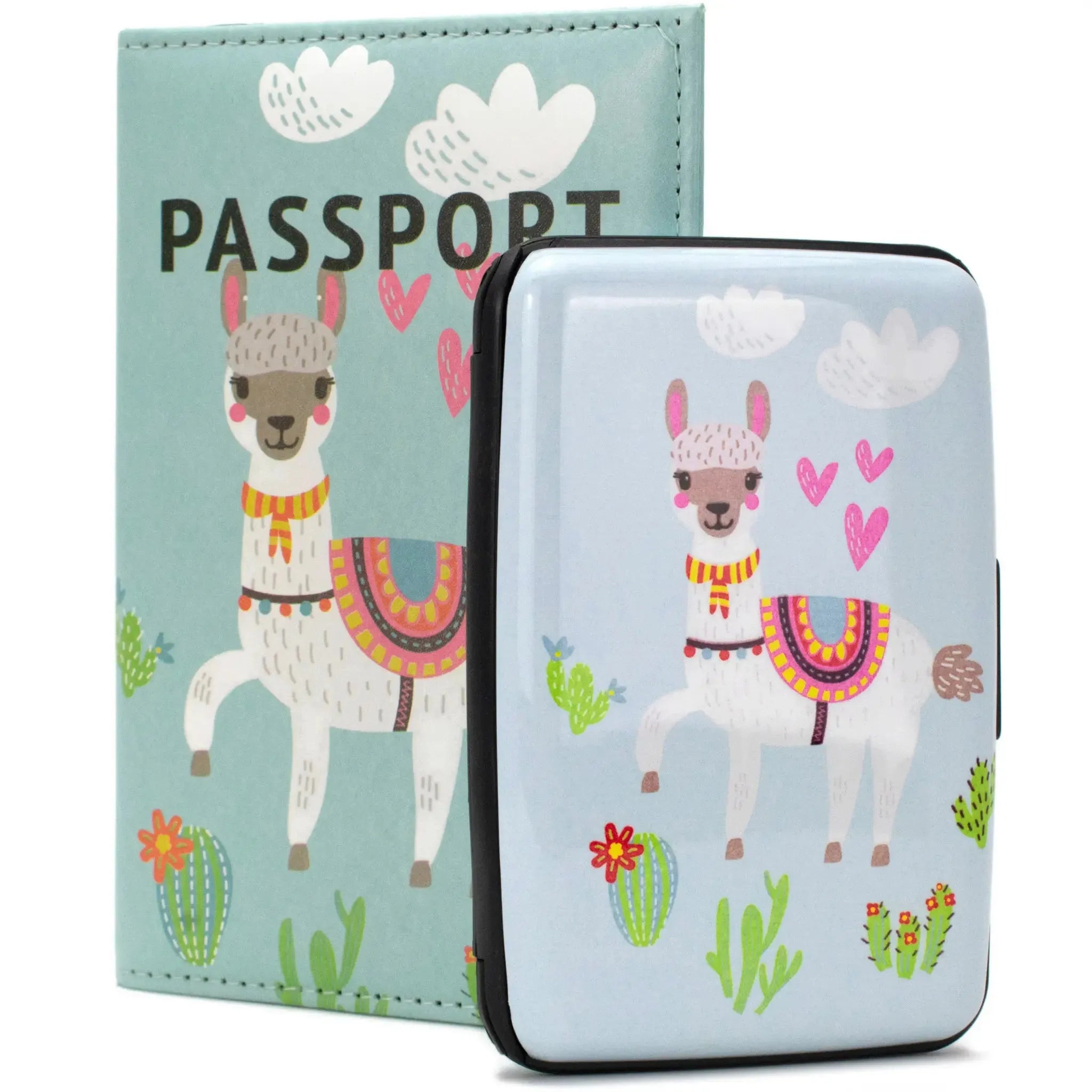 Passport holder with llama design on a light blue background
