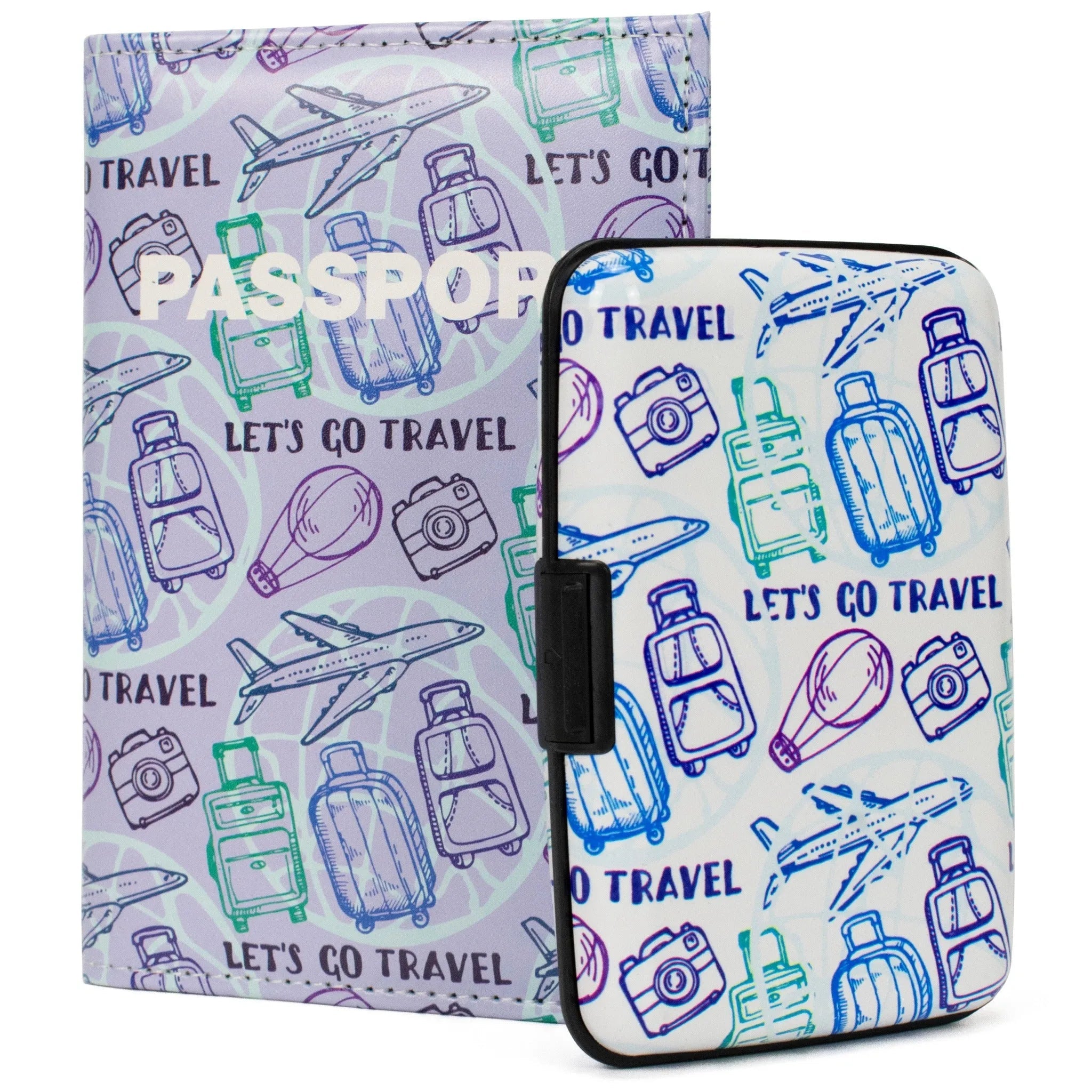 Passport holder and cover with travel-themed design on a white background