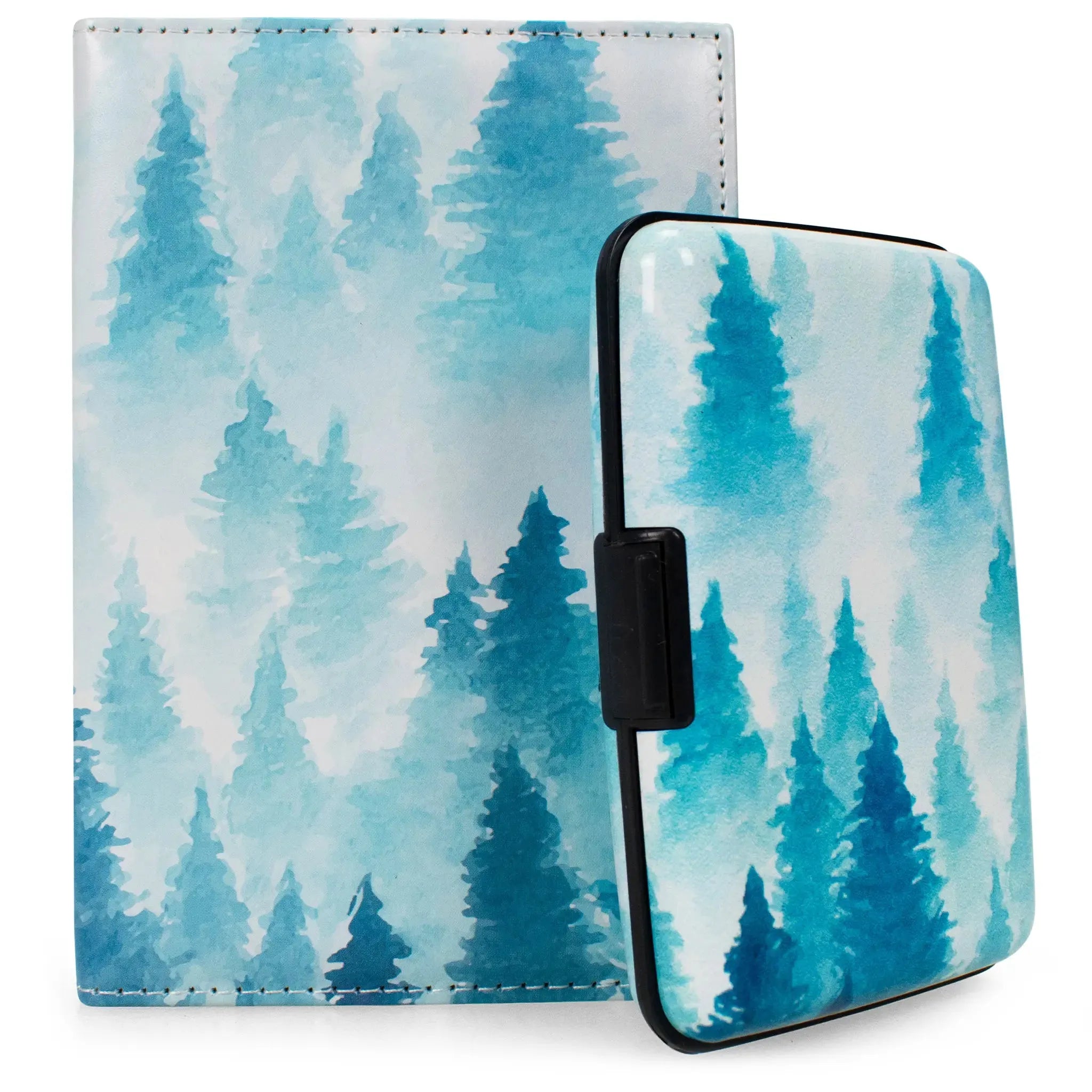 Phone case with blue forest design on a white background