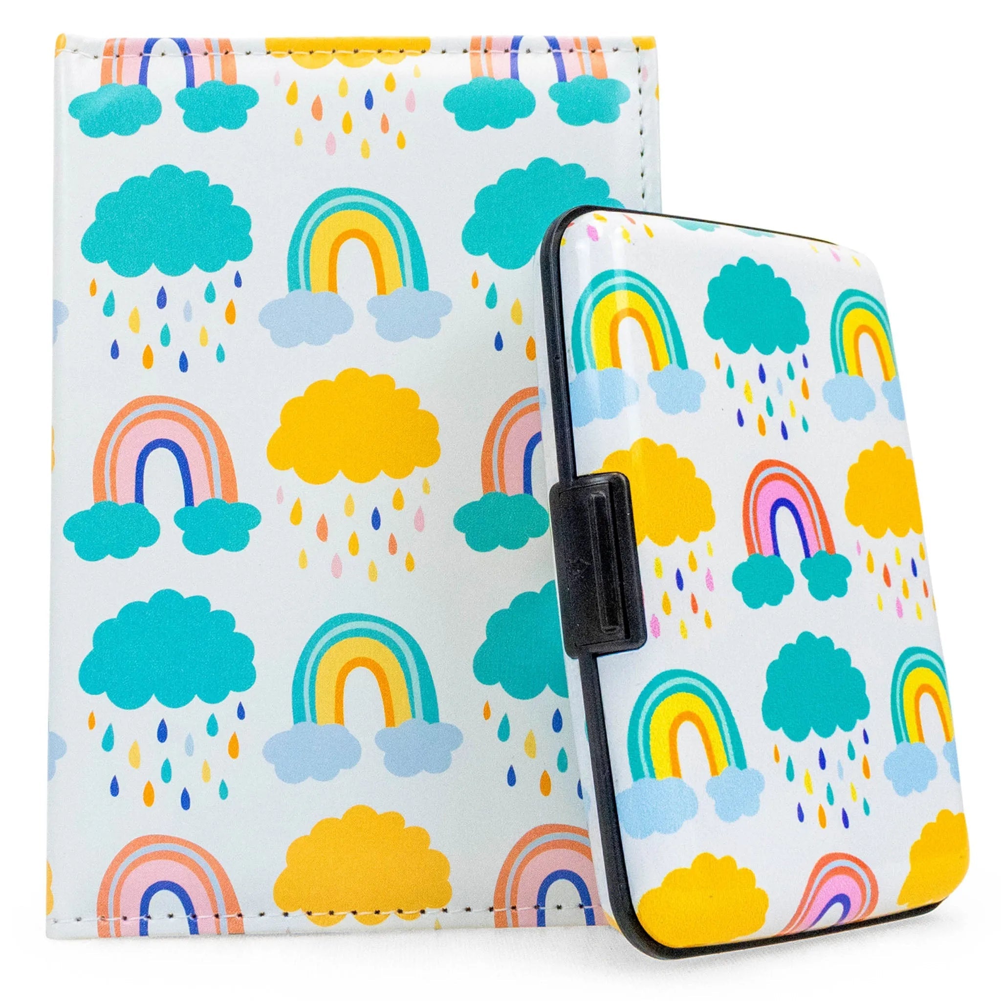 Phone case with rainbow and cloud pattern on a white background