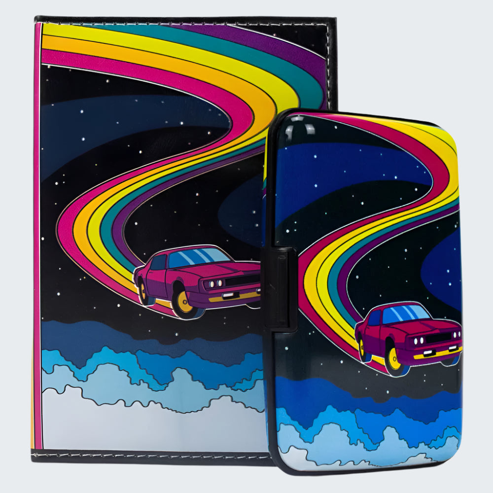Phone case with a car and rainbow design on a black background