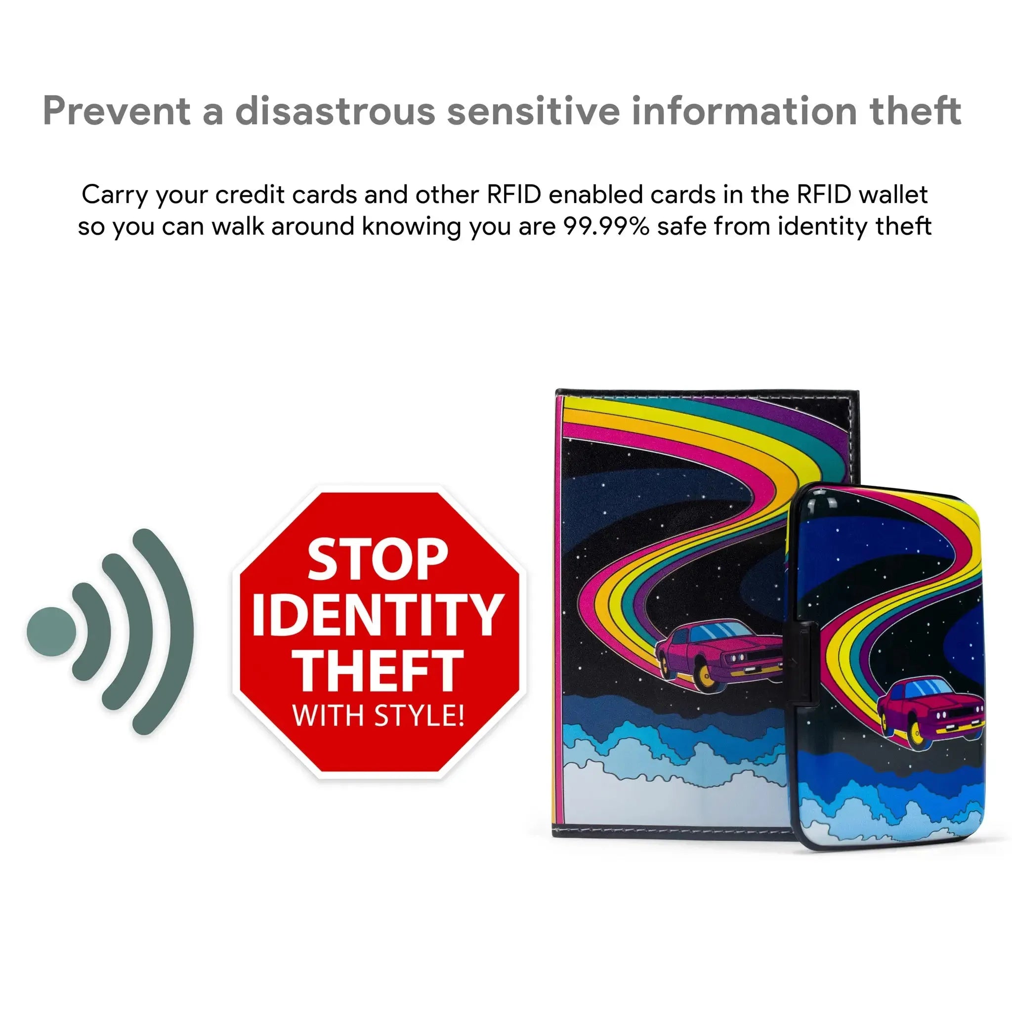 RFID wallet with colorful design and text about preventing identity theft.