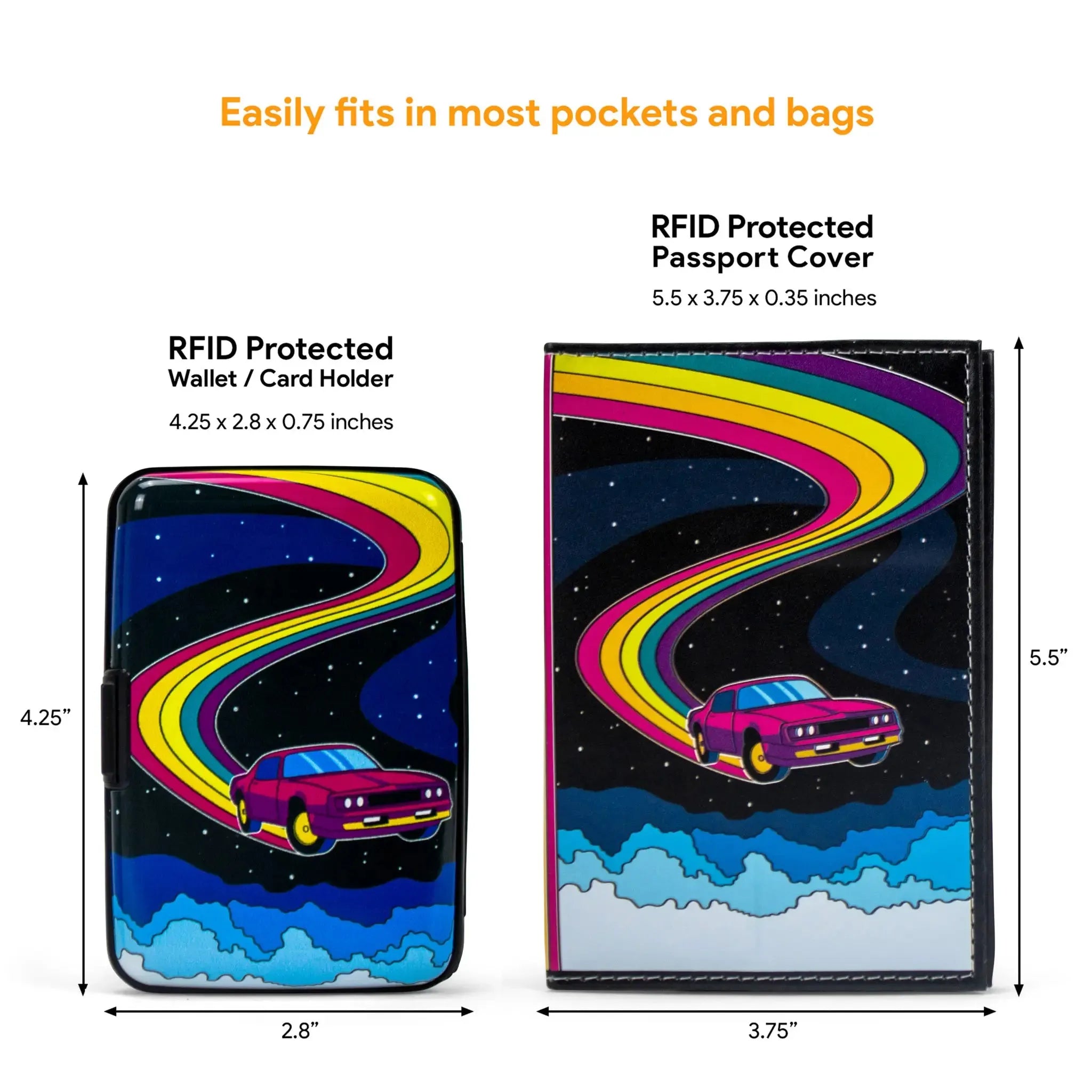 RFID protected wallet and passport cover with car design, showing dimensions and text.