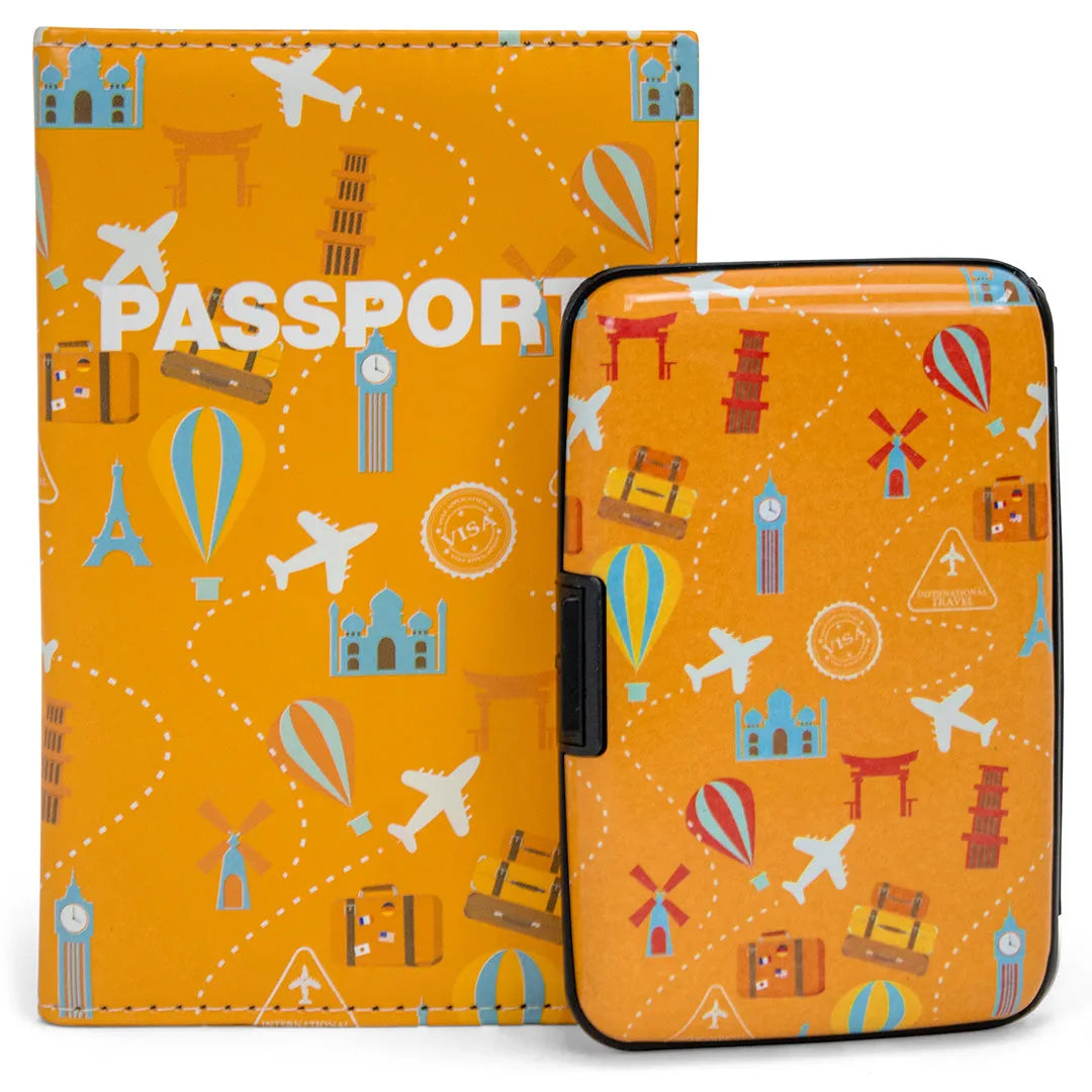 Passport holder with travel-themed design on an orange background