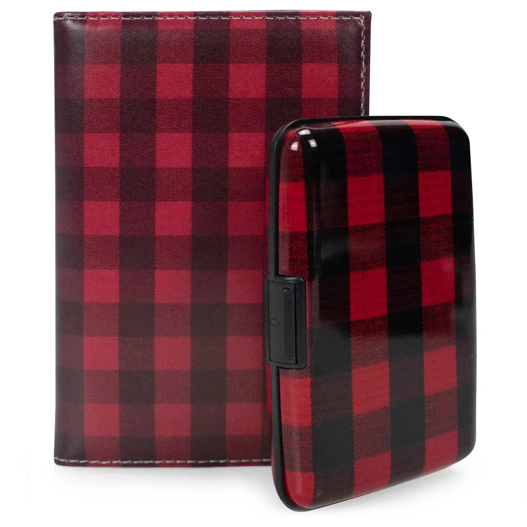 Red and black checkered case on a white background