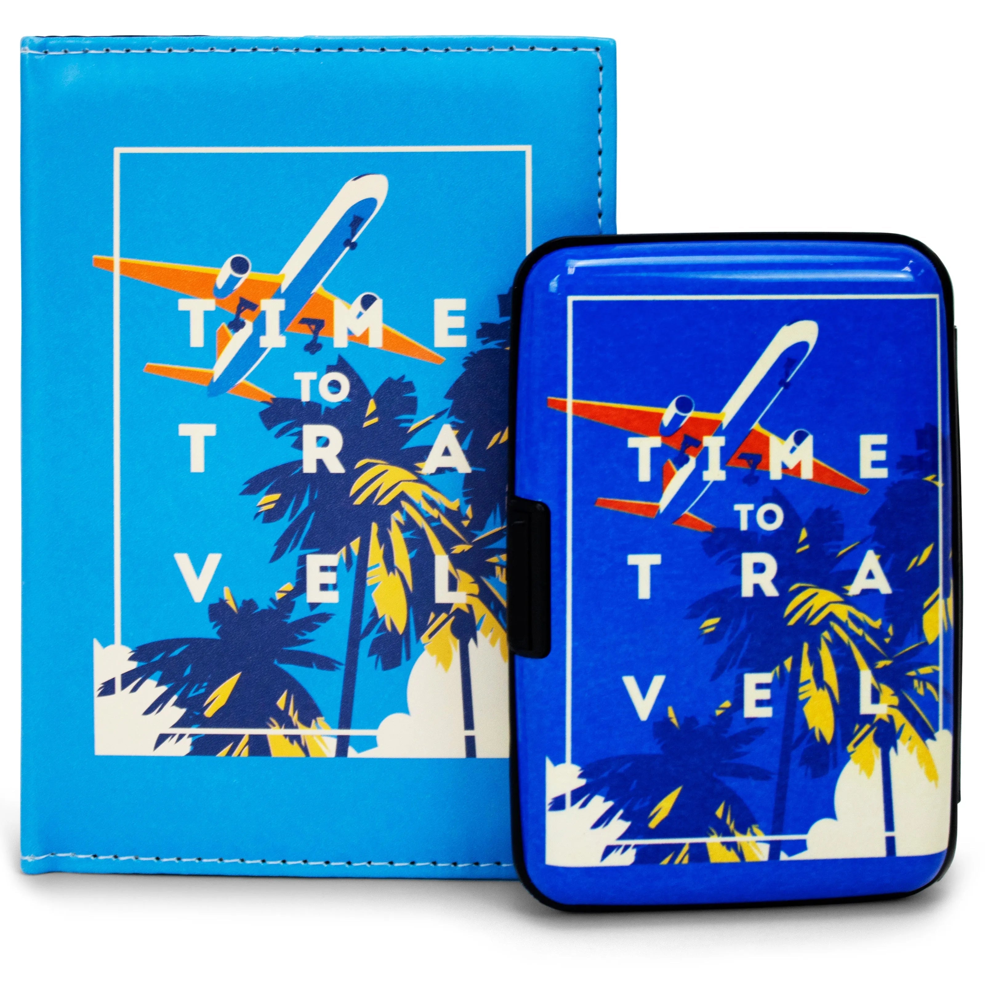 Blue travel-themed wallet and phone case with airplane and palm tree design on a white background