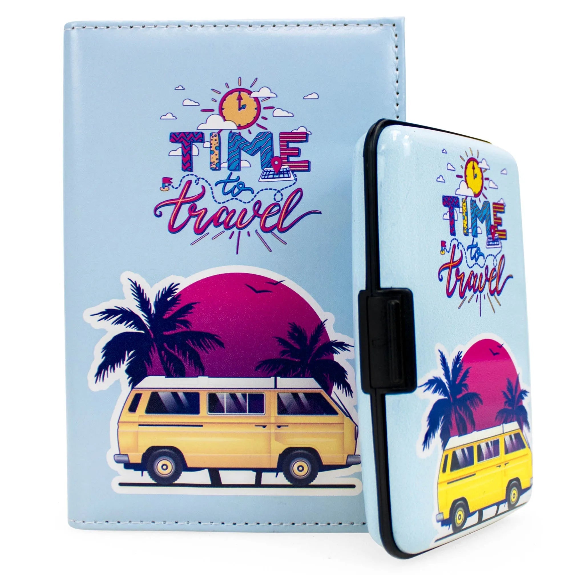 Phone case with 'Time to Travel' design featuring a van and palm trees on a light blue background.