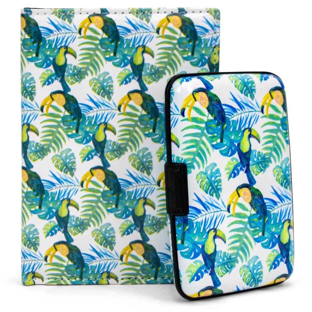 Two patterned cases with toucan and leaf design on a white background