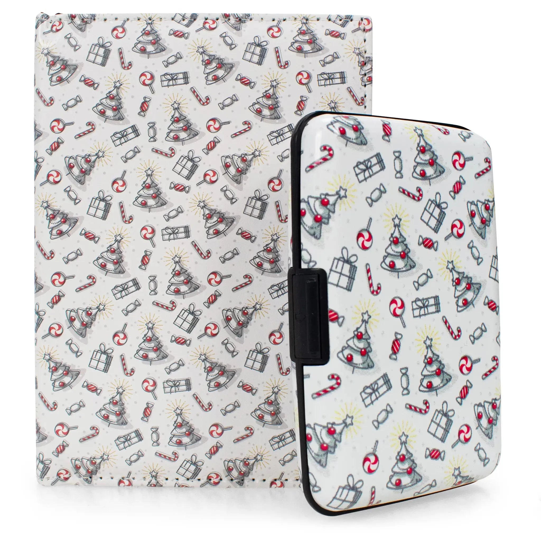 Phone case with Christmas-themed design featuring trees, presents, and candy canes on a white background.