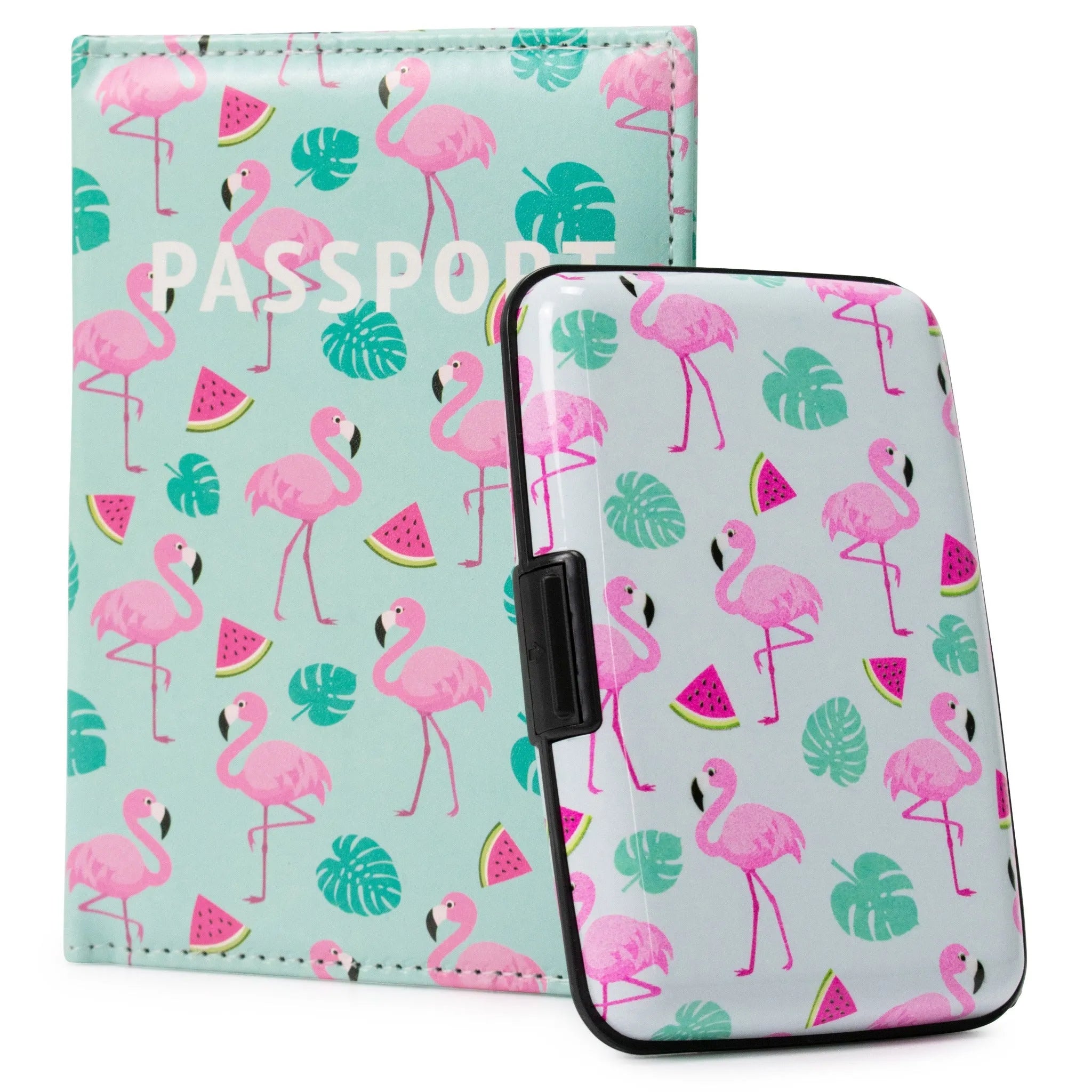 Passport holder with flamingo and watermelon pattern on a light blue background
