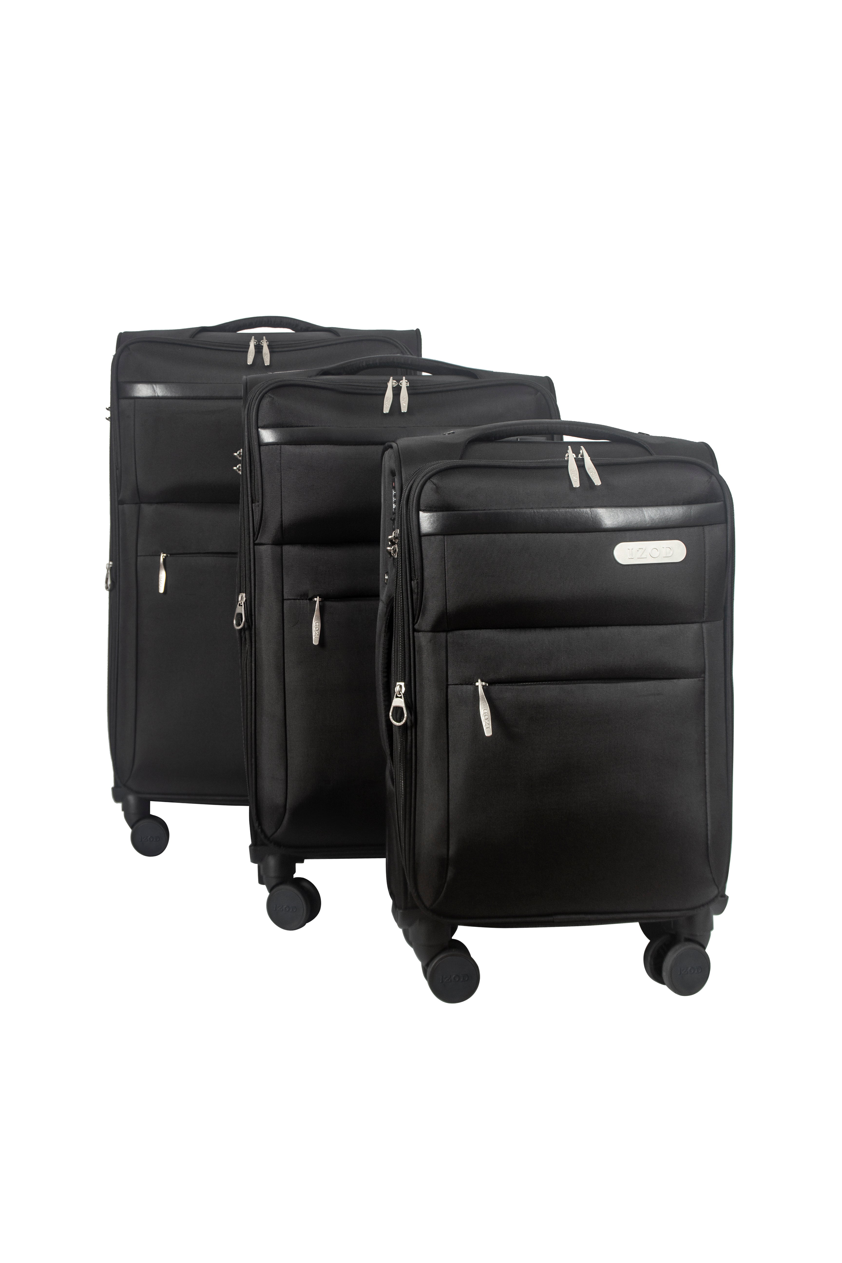 Three black suitcases of different sizes on a white background