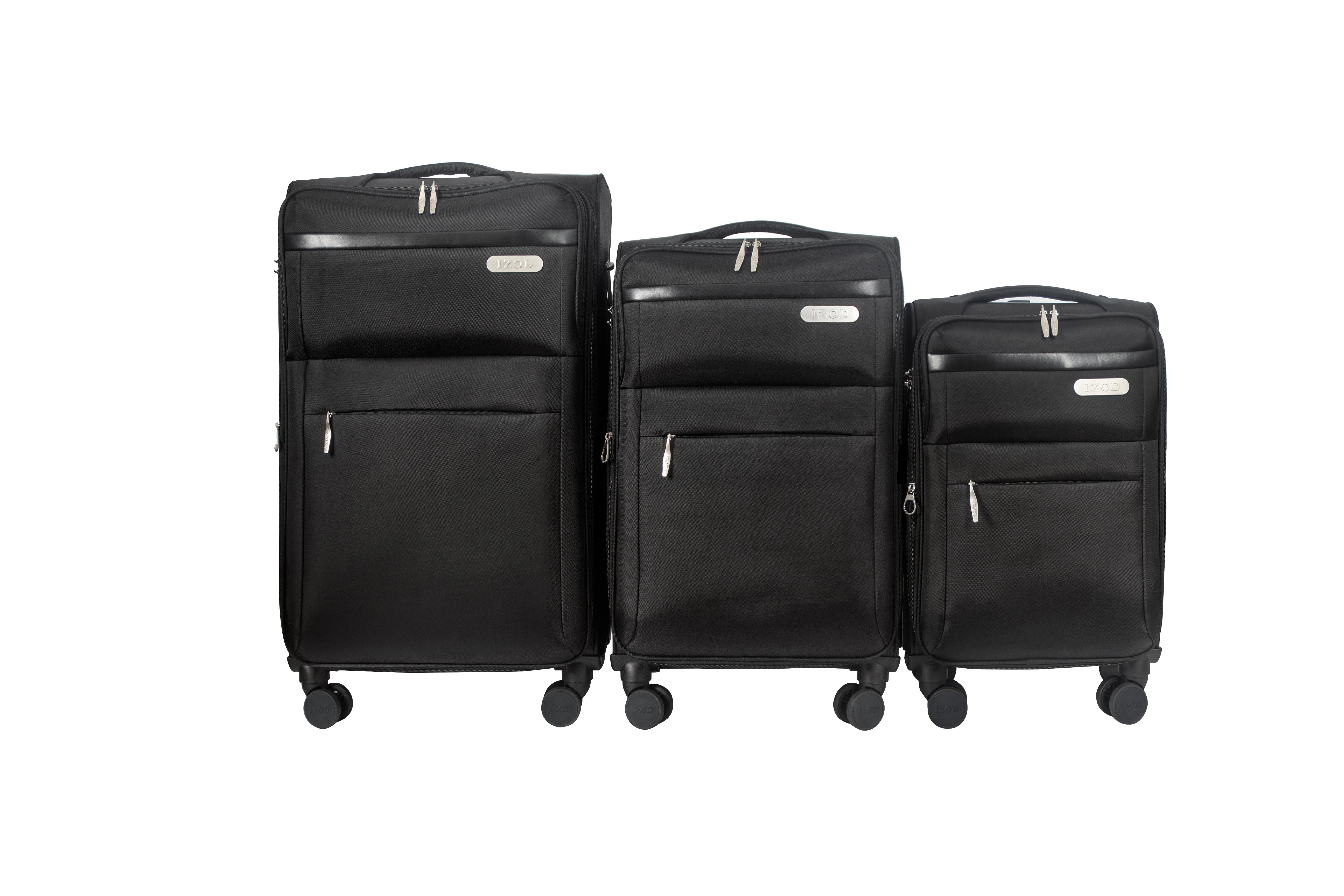 Three black suitcases of different sizes on a white background