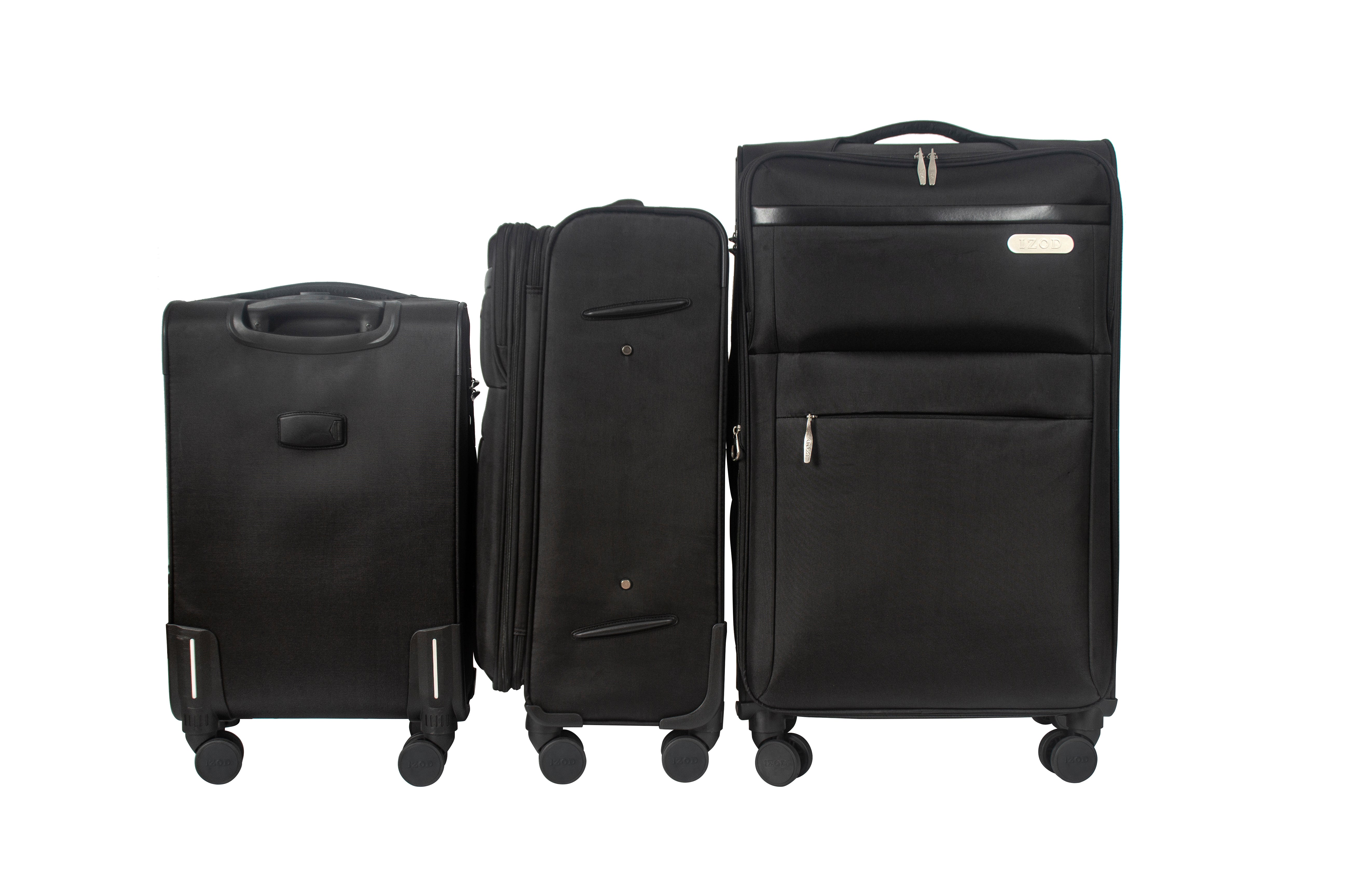 Three black suitcases of different sizes on a white background