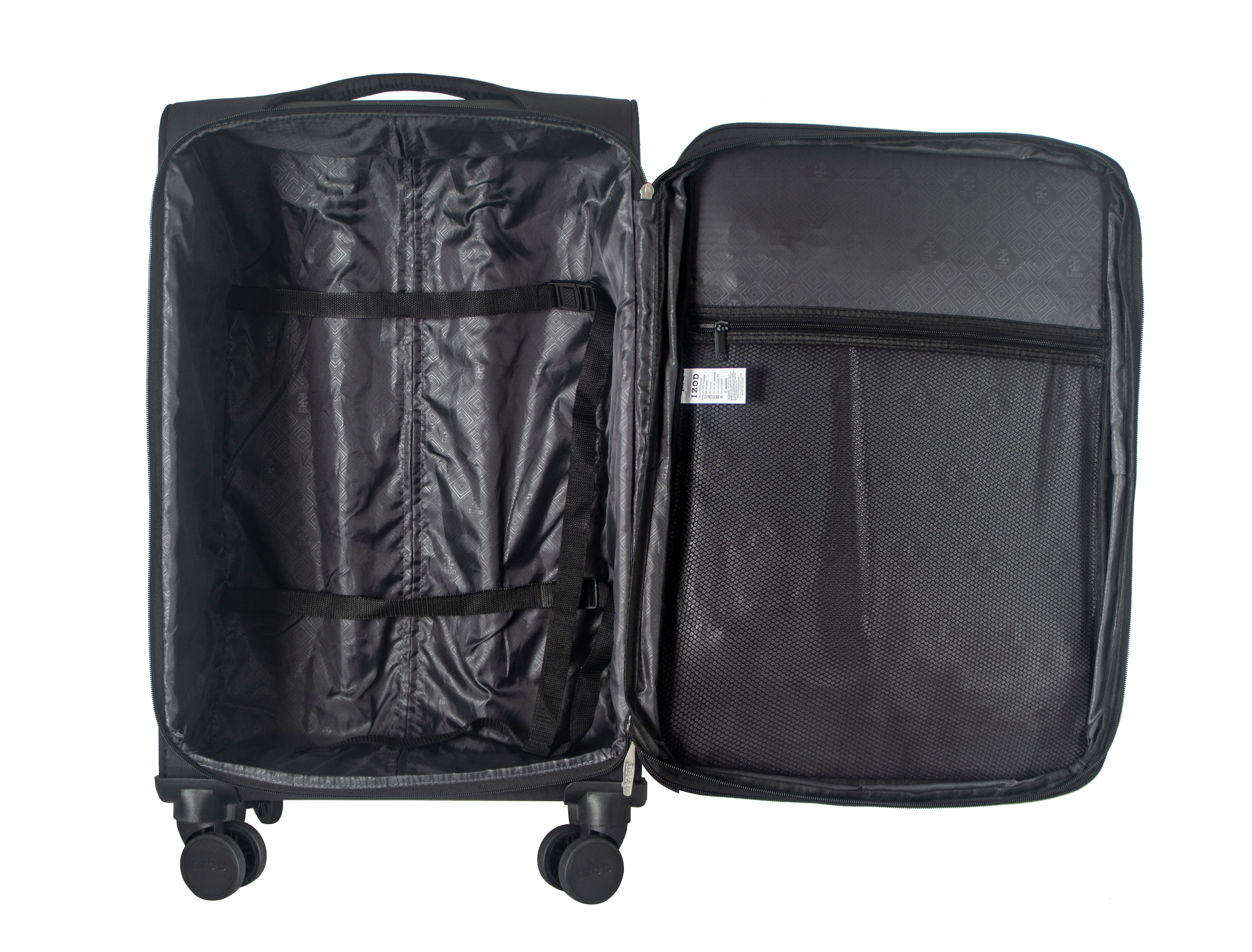 Black suitcase with open lid on a white background