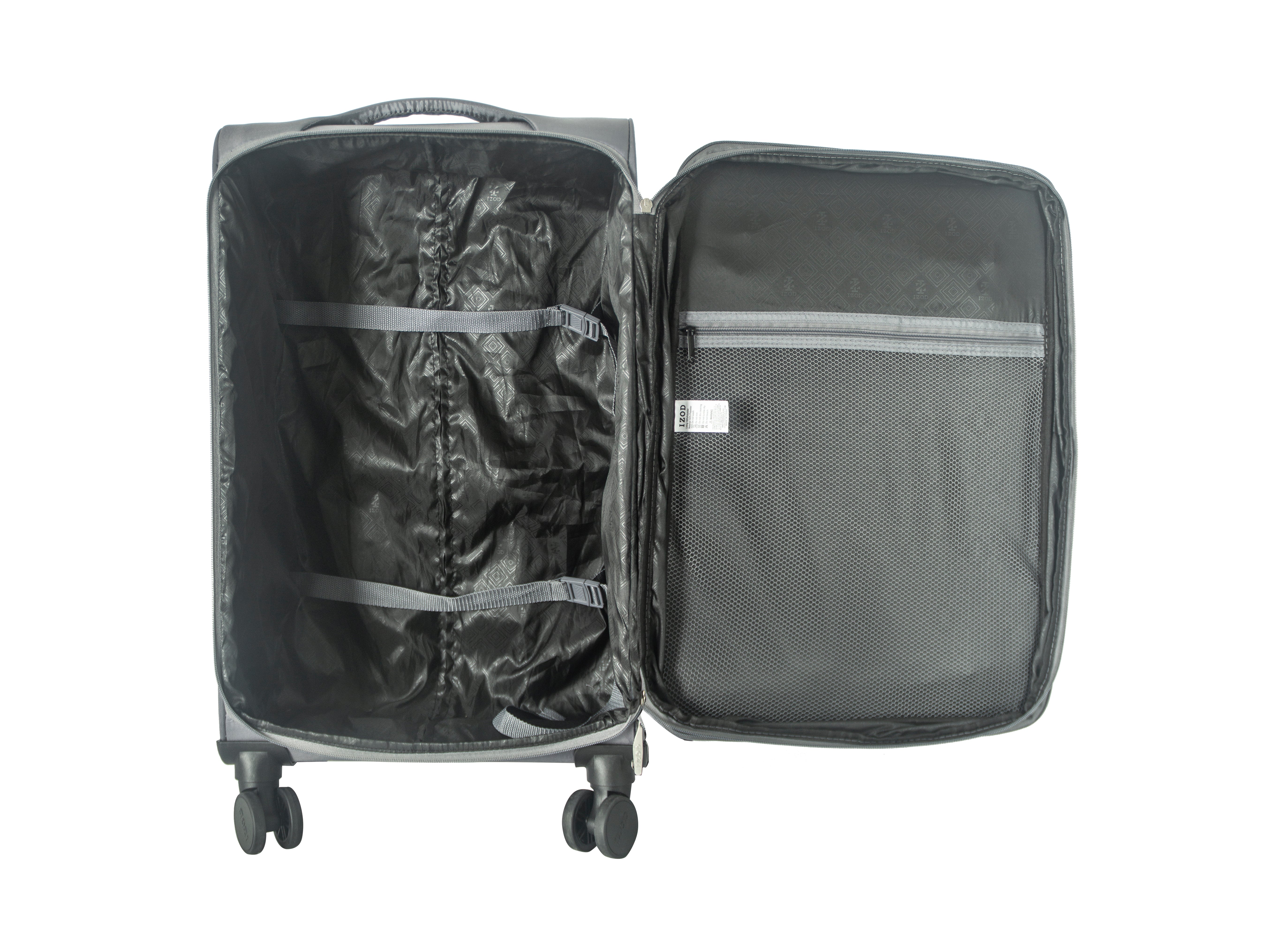 Open gray suitcase with a black garment bag inside on a white background