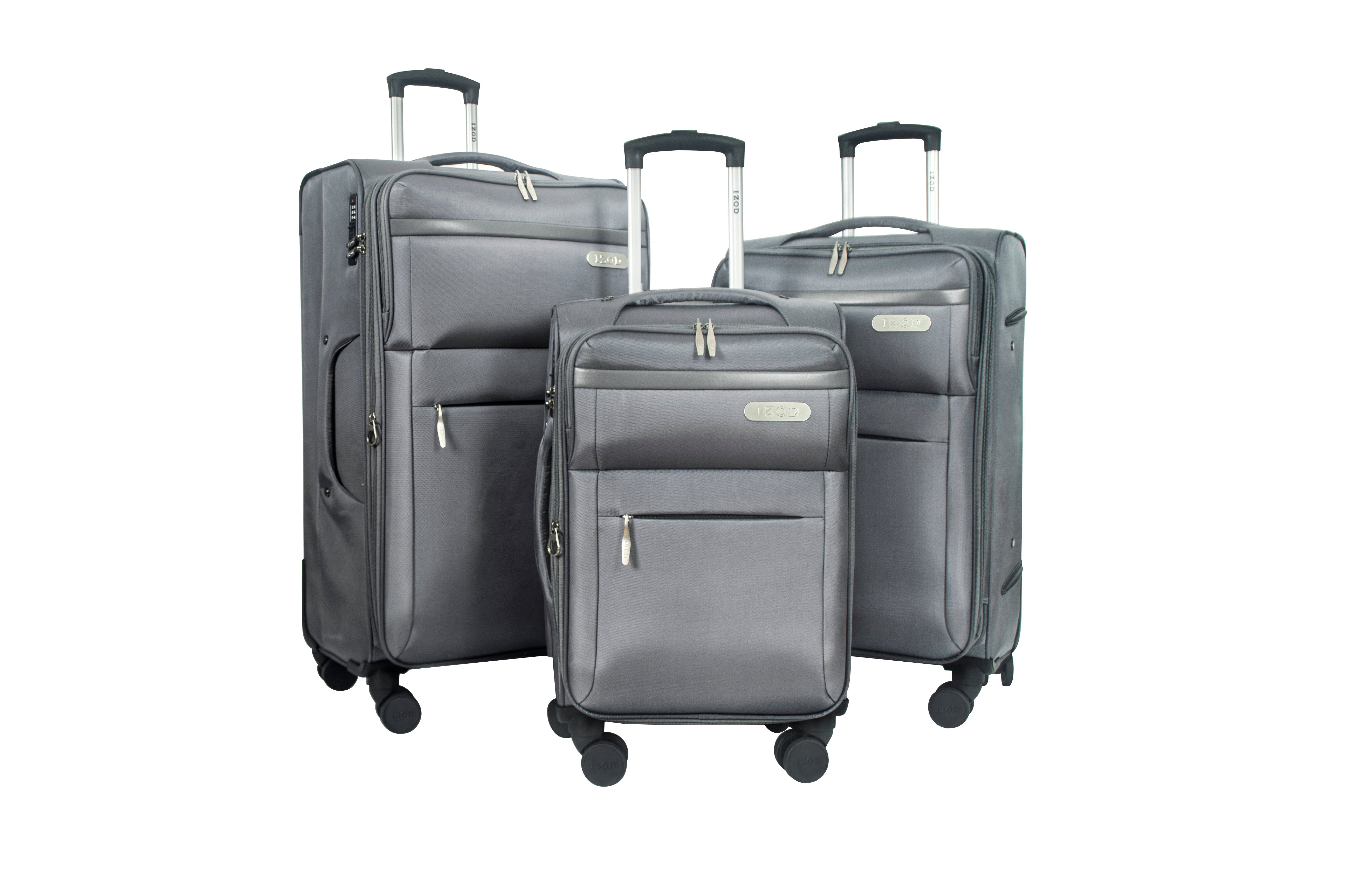 Three gray suitcases of different sizes on a white background