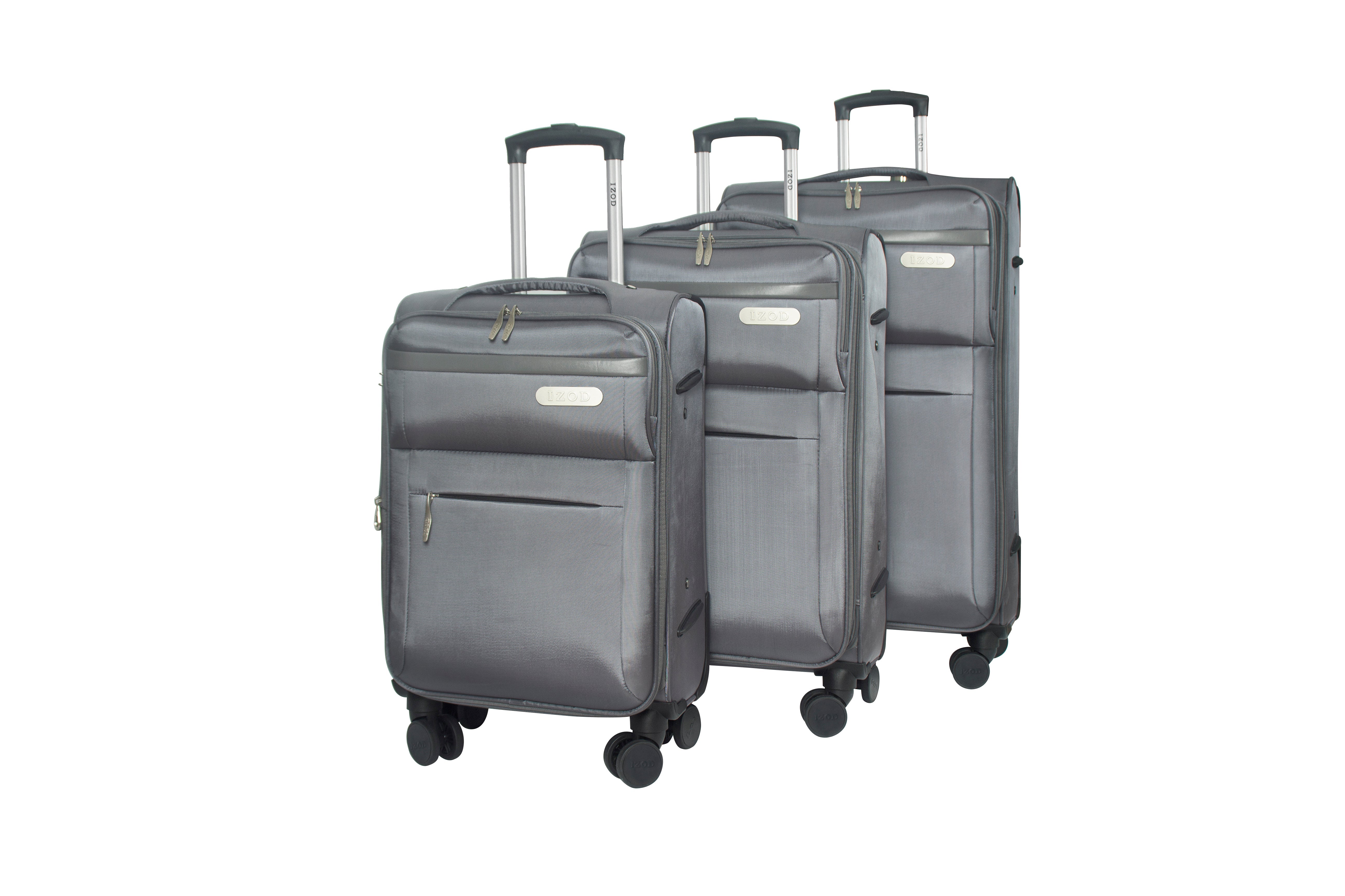 Set of three gray suitcases with wheels on a white background