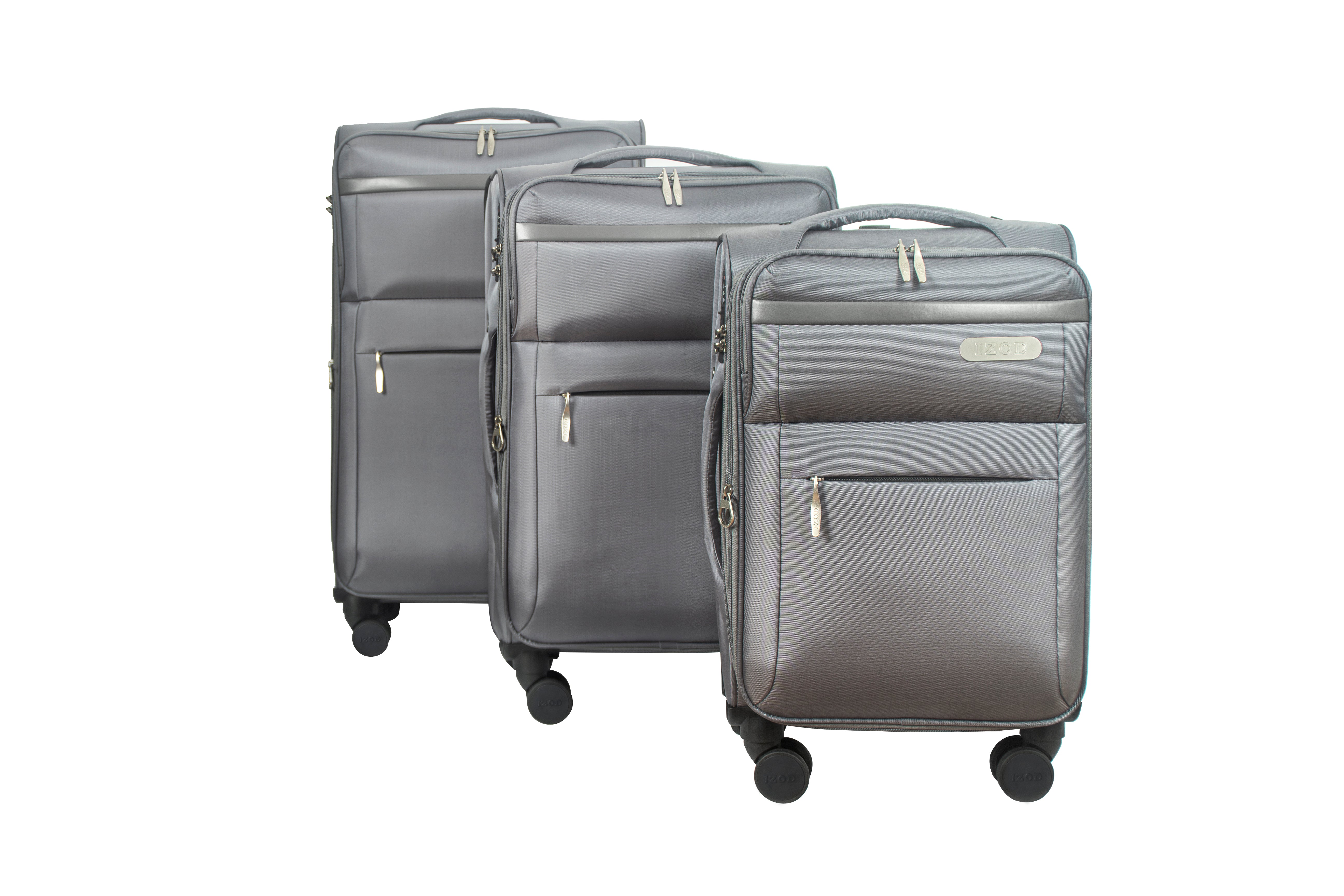 Three gray suitcases of different sizes on a white background