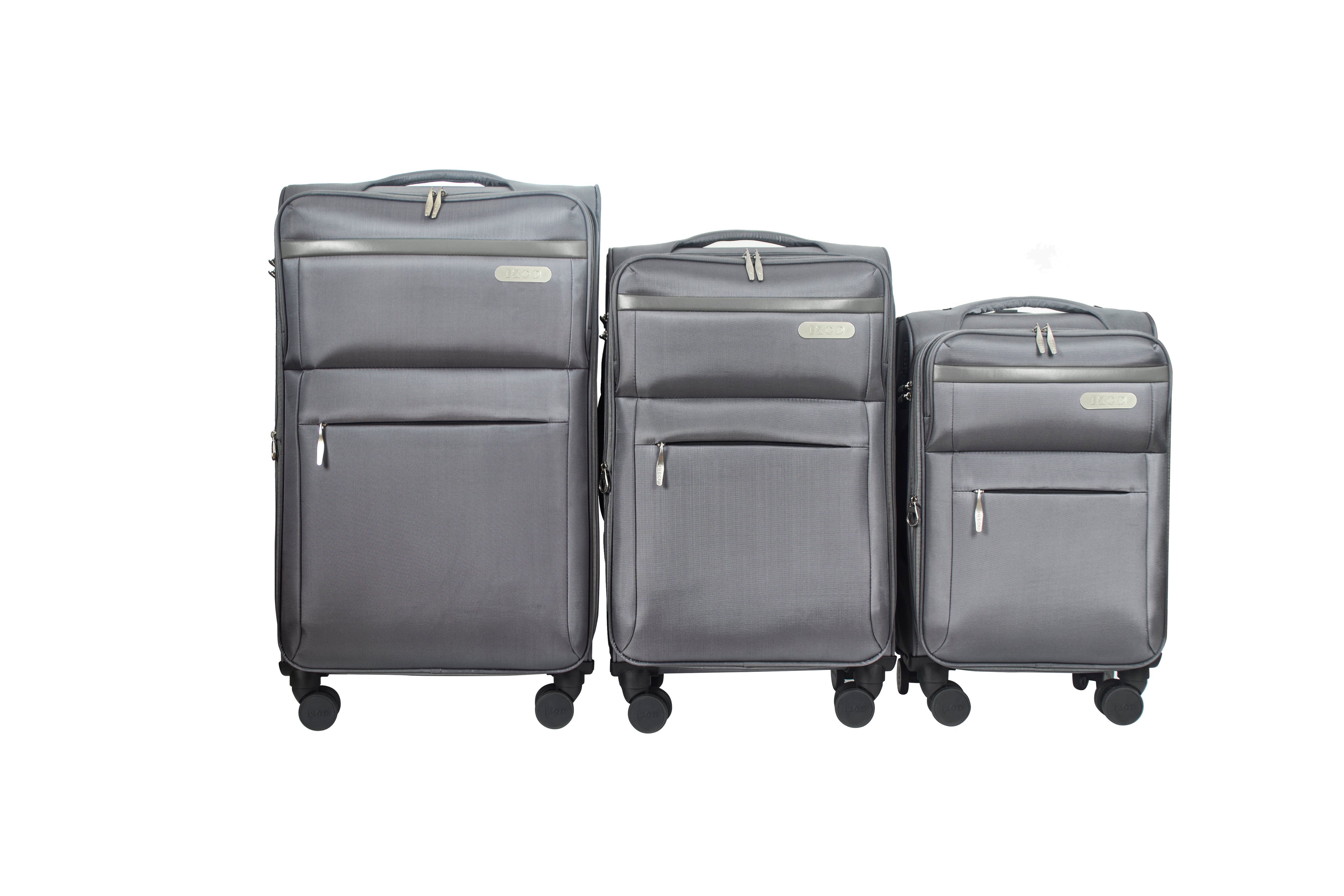 Set of three gray suitcases of different sizes on a white background