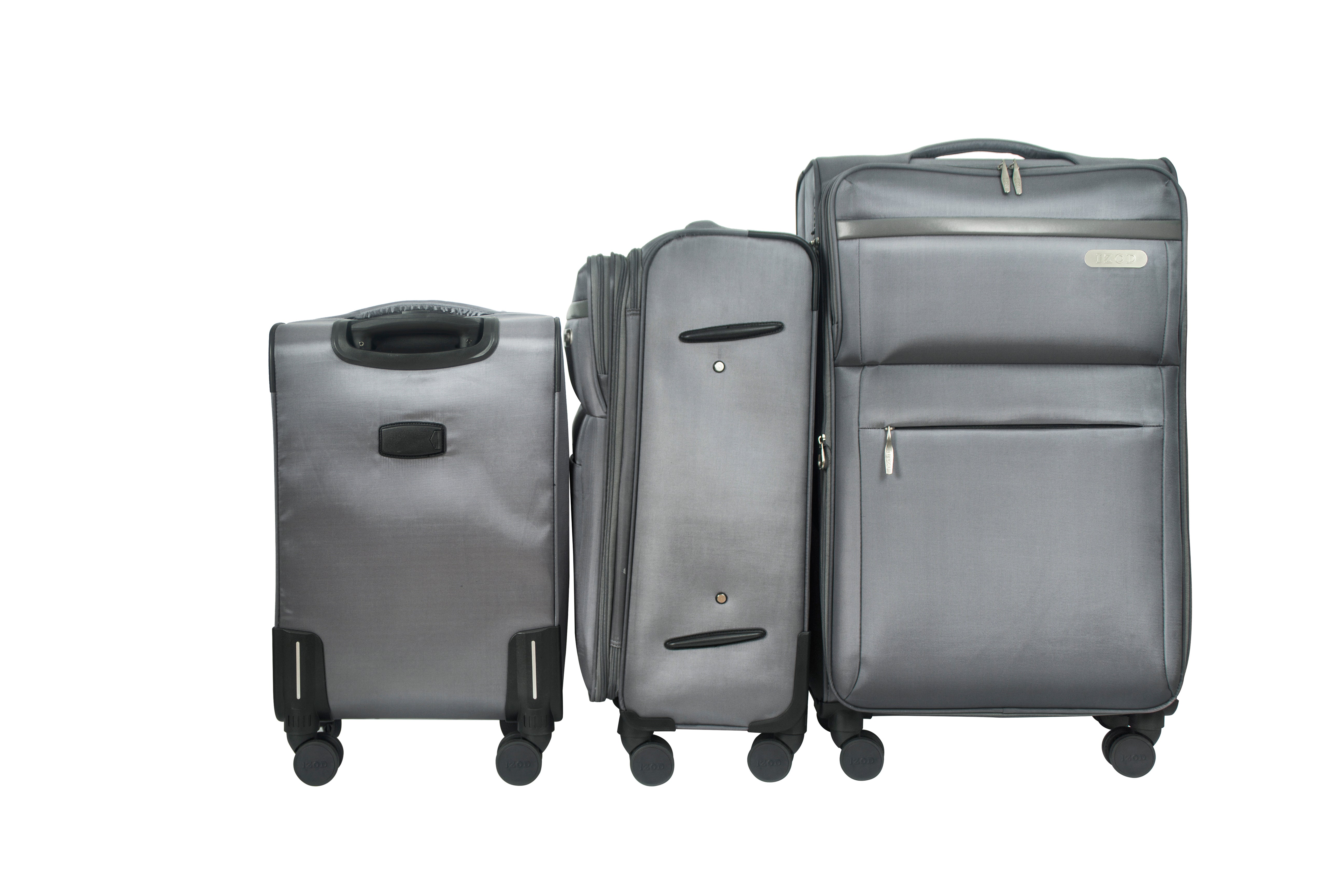 Set of three gray suitcases of different sizes on a white background