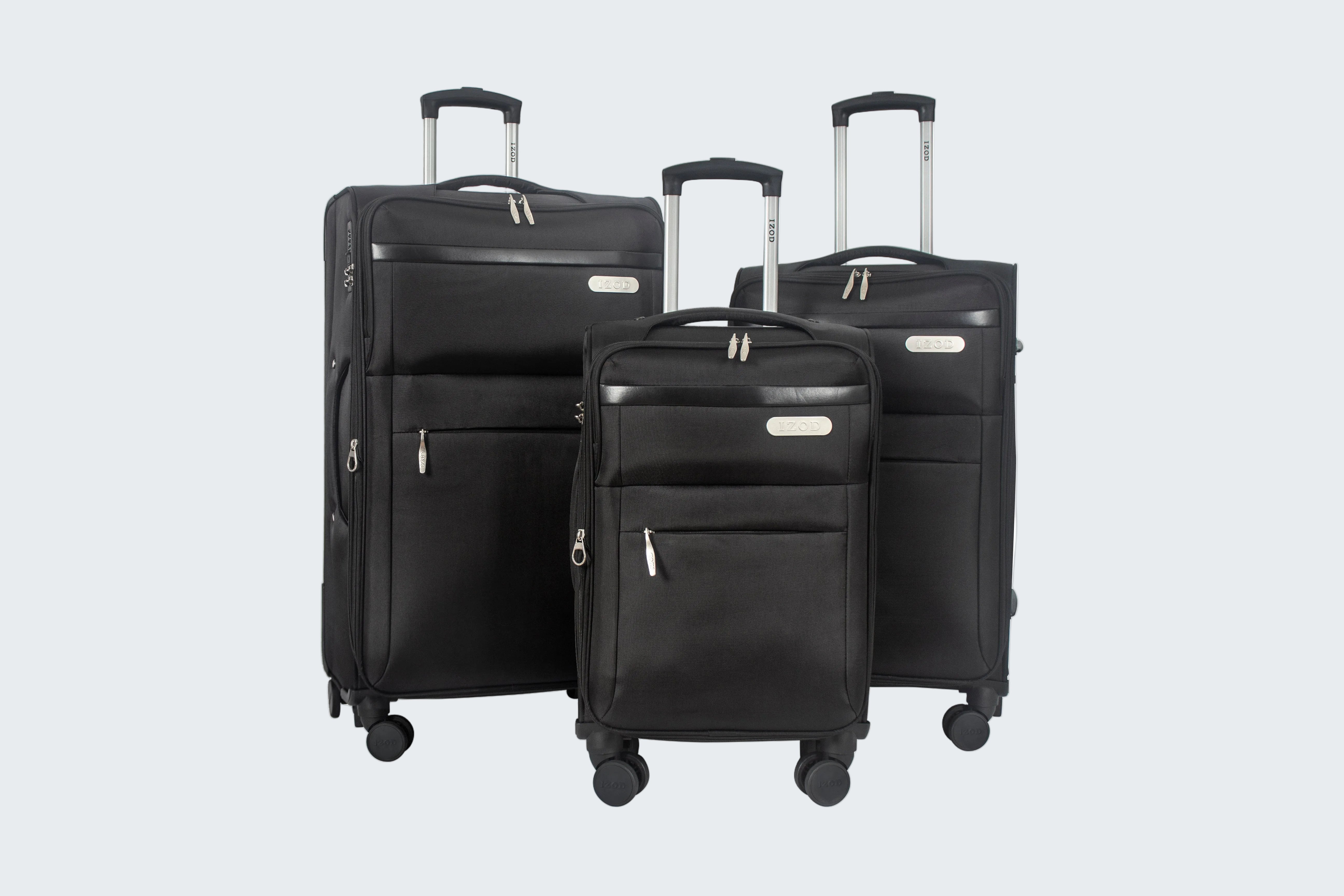 Set of three black suitcases with wheels on a white background