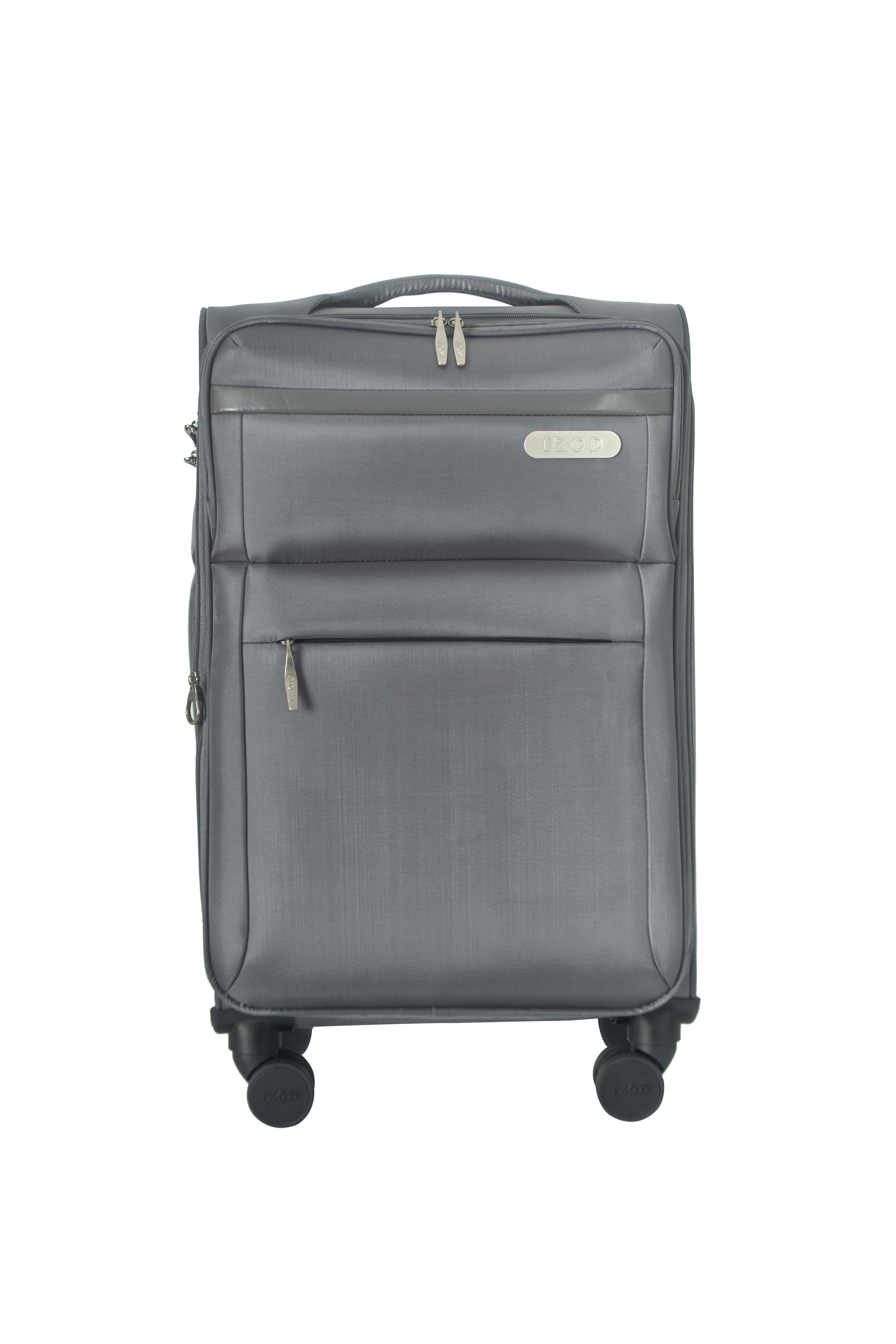 Gray suitcase with wheels on a white background
