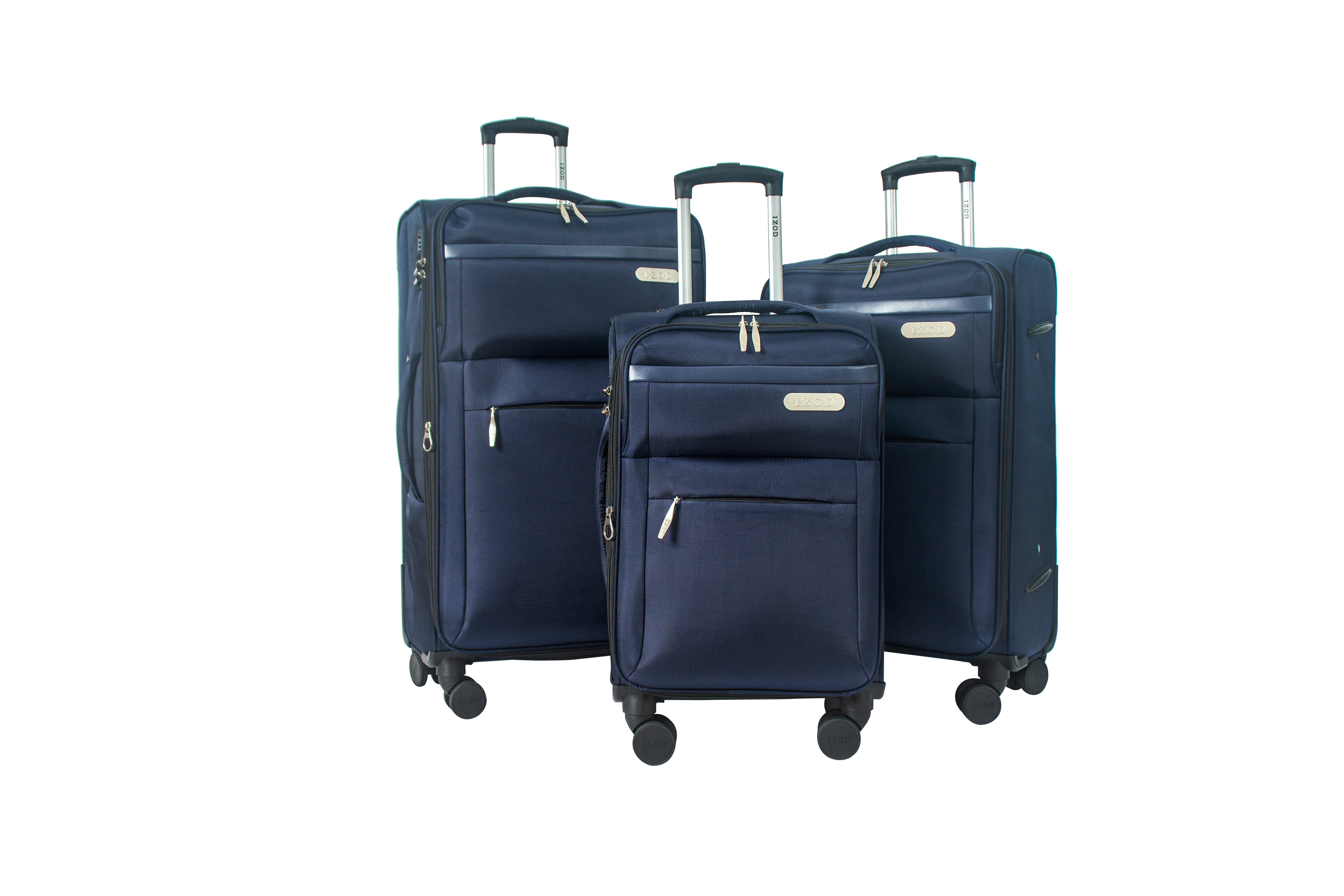 Set of three navy blue suitcases on a white background