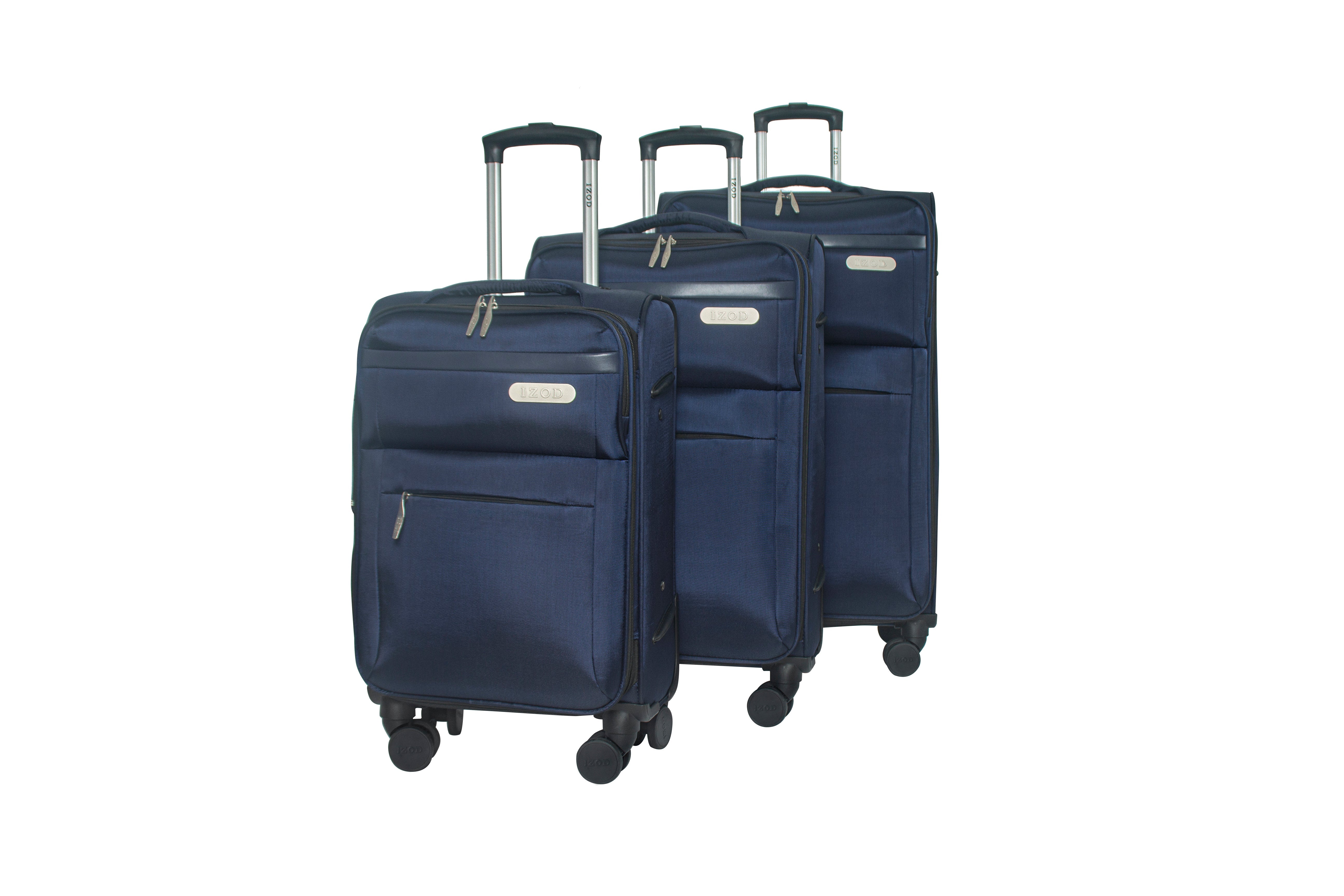 Set of three navy blue suitcases with wheels on a white background