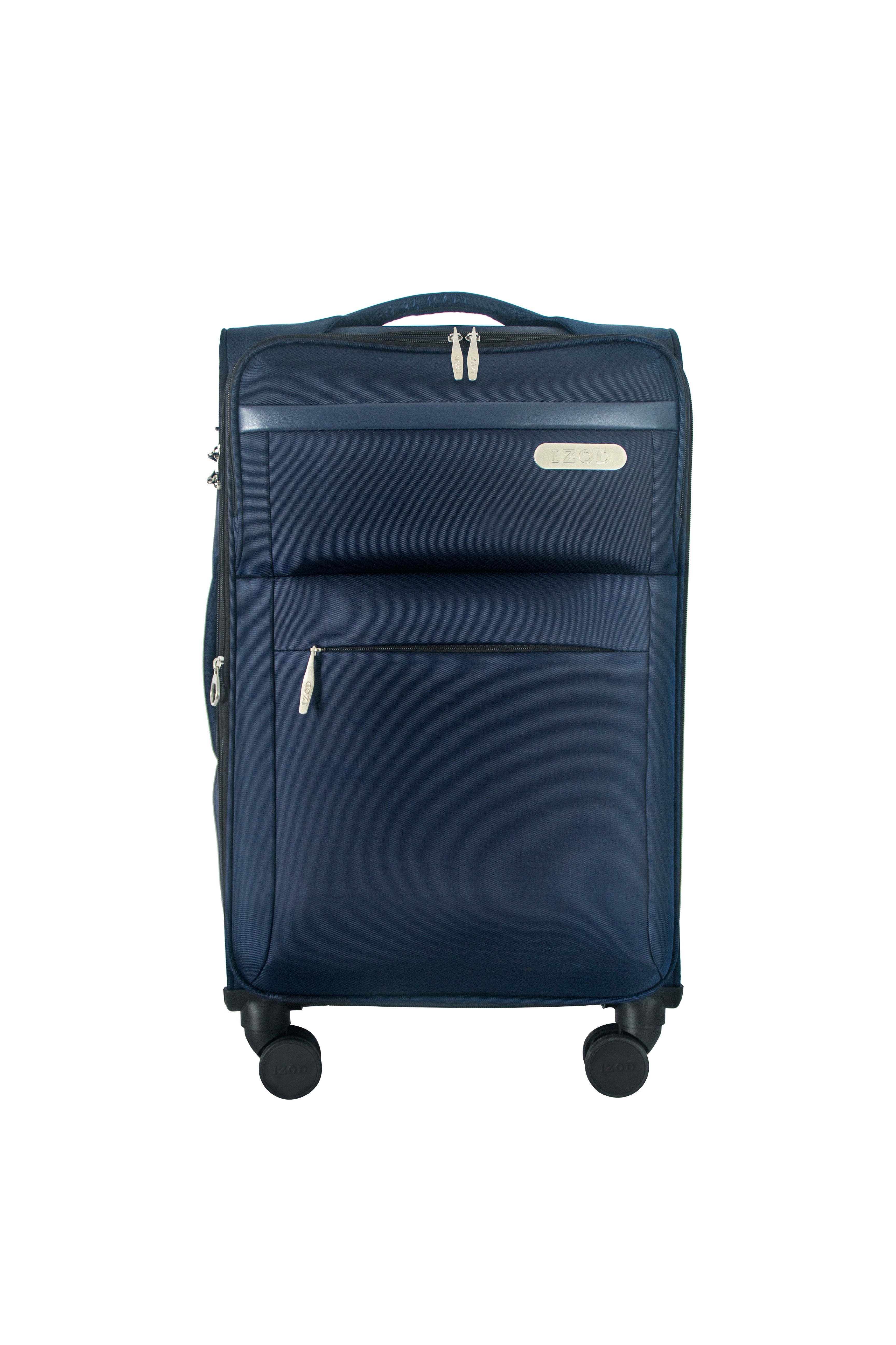 Navy blue suitcase with wheels on a white background