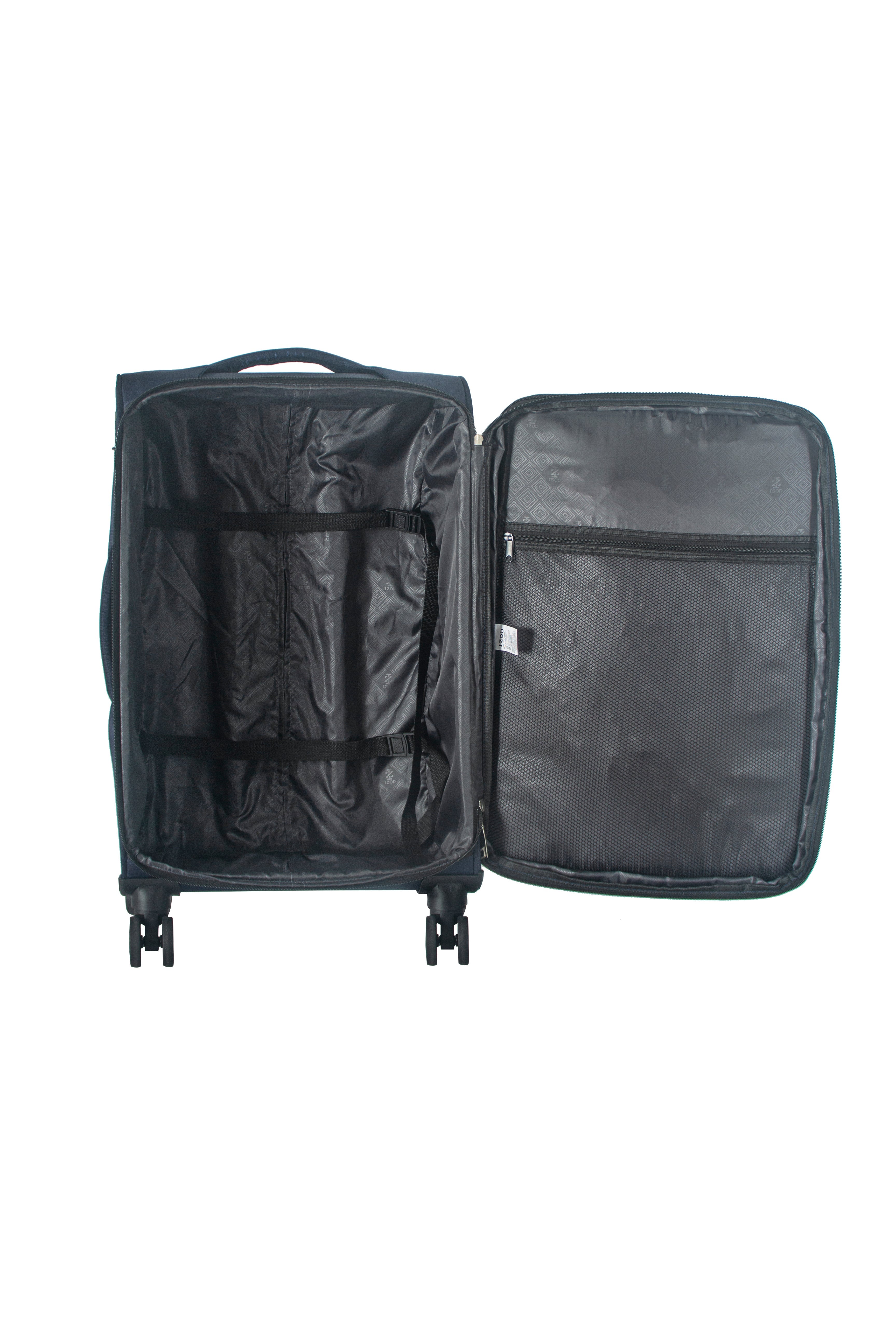 Black suitcase with open compartment on a white background