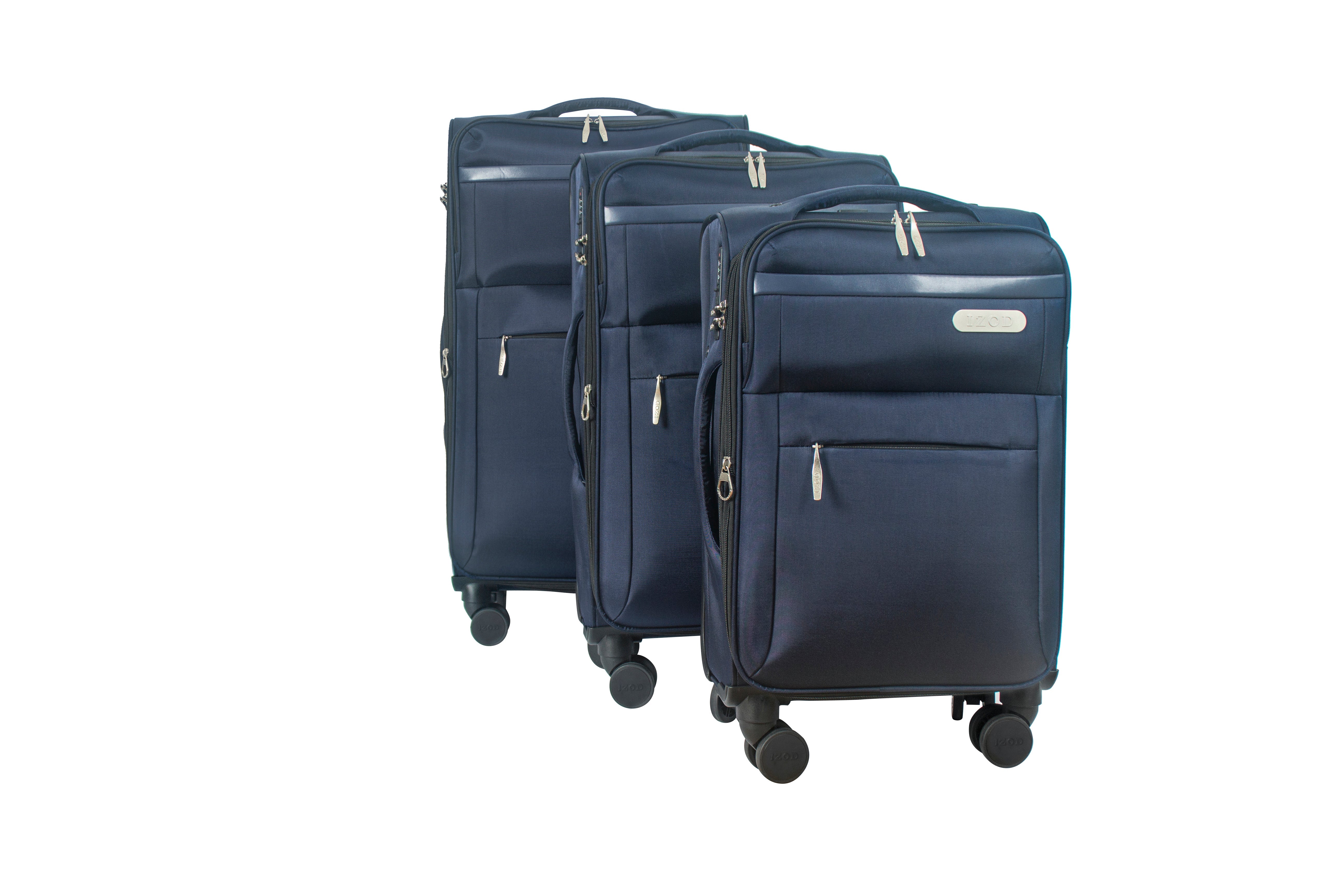 Three navy blue suitcases of different sizes on a white background