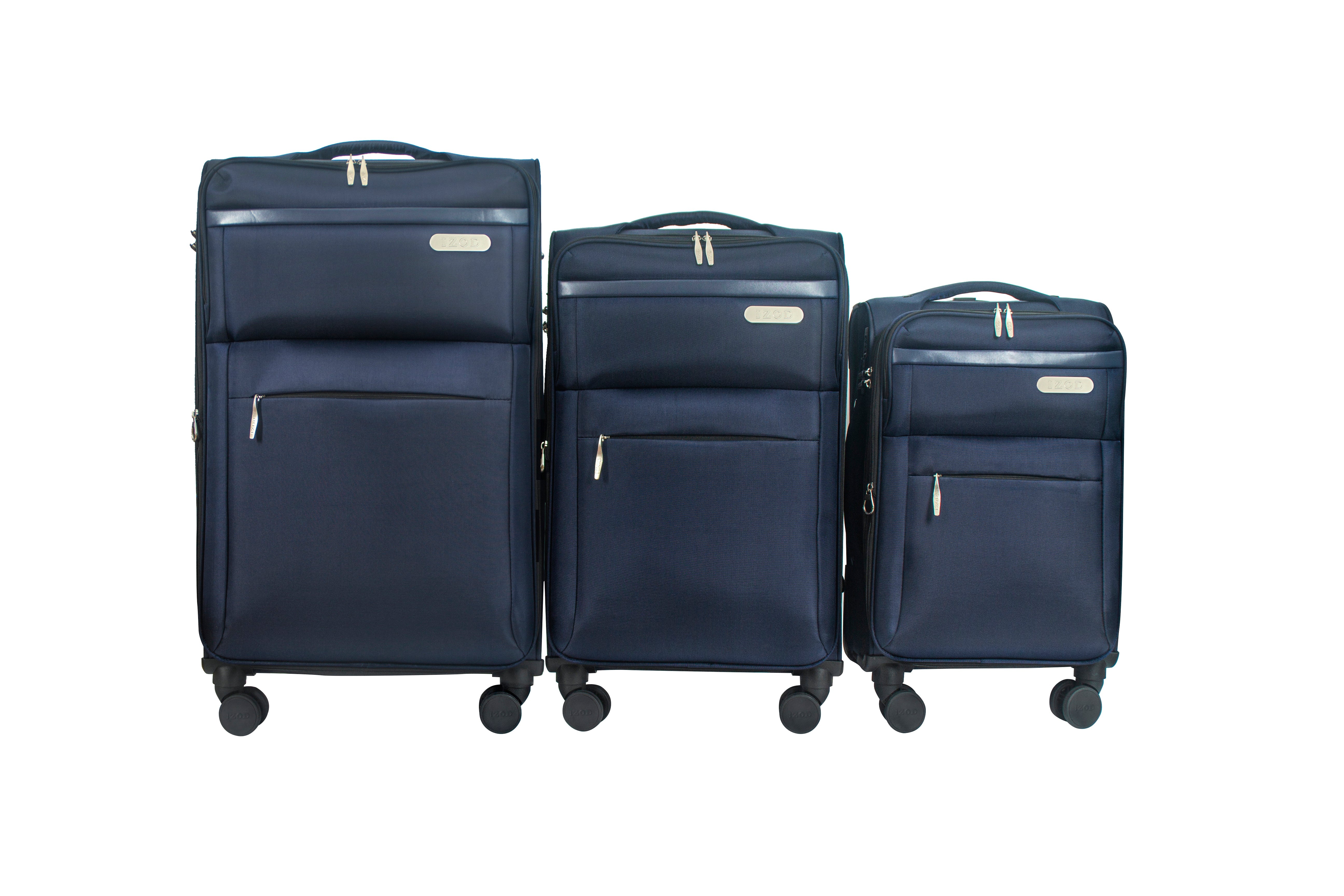 Set of three navy blue suitcases on wheels with visible brand name on a white background