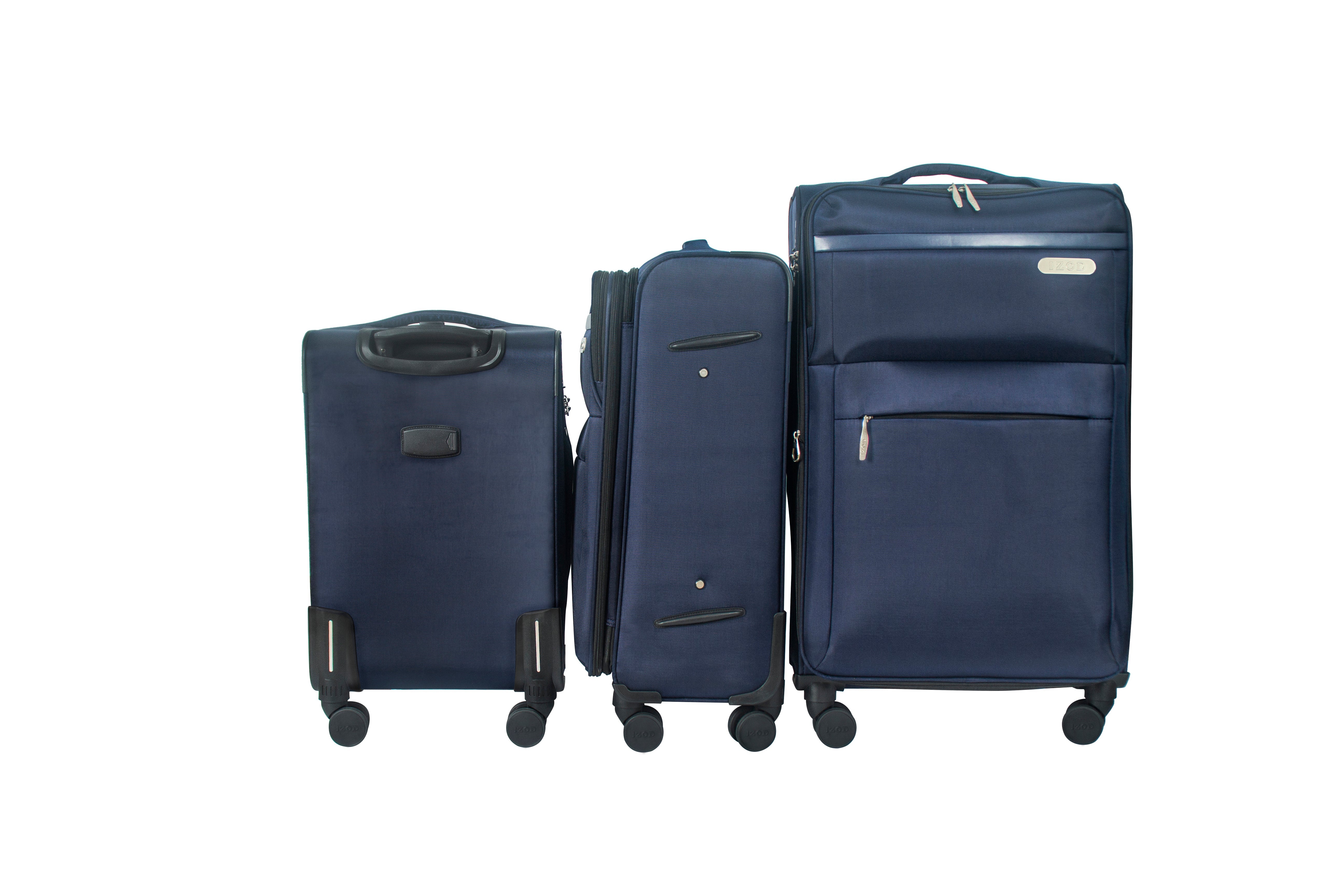 Set of three blue suitcases of different sizes on a white background