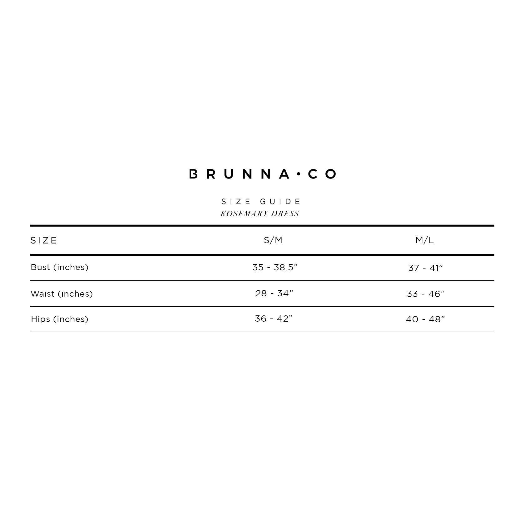 Size guide for Brunna Co Rosemary Dress on a white background