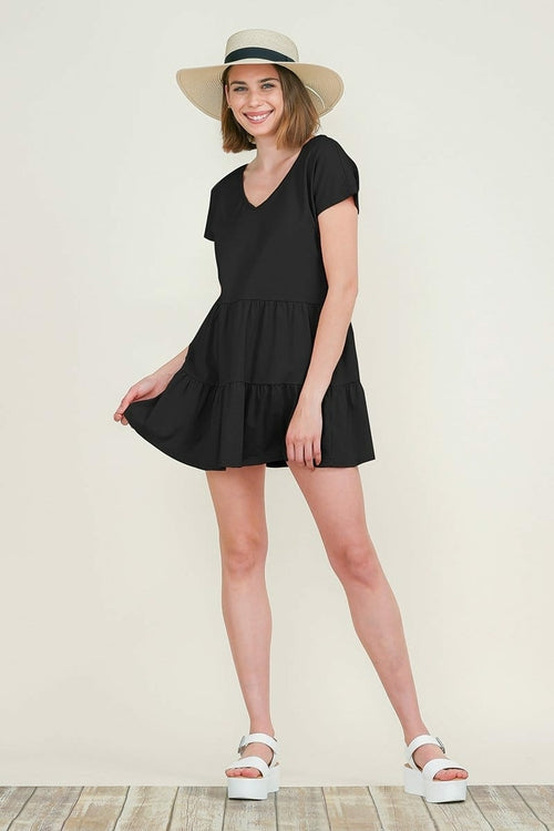 Casual Ruffle Layerd Babydoll V-Neck Loose Mini Cotton Dress