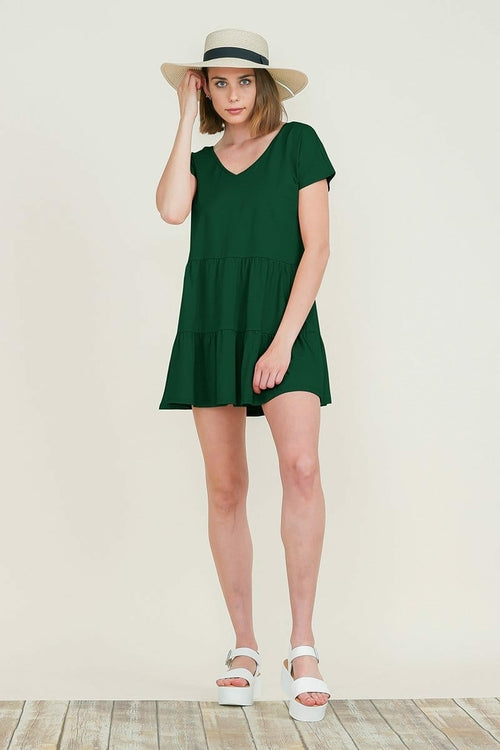 Casual Ruffle Layerd Babydoll V-Neck Loose Mini Cotton Dress