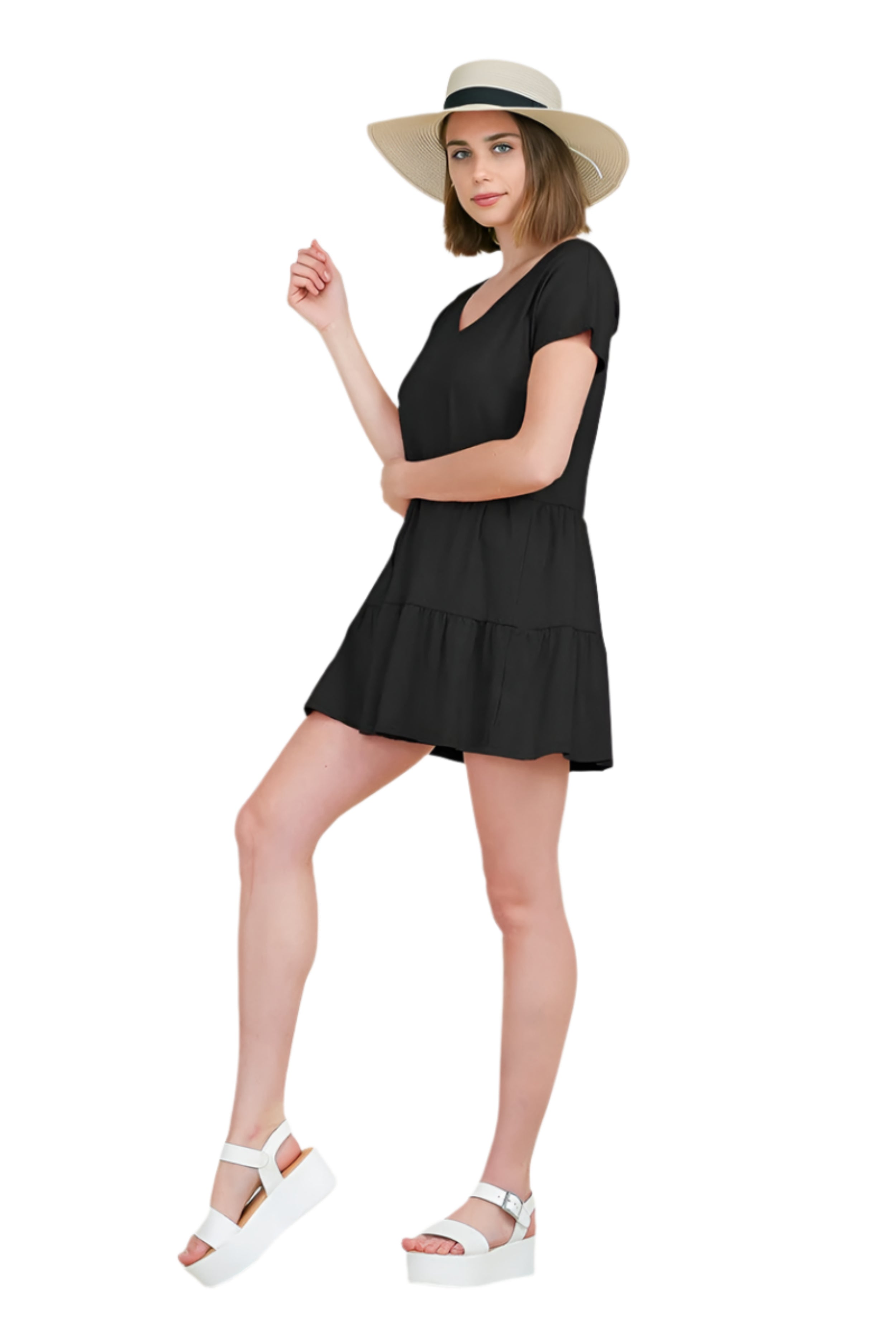 Casual Ruffle Layred Babydoll V Neck Loose Mini Cotton Dress