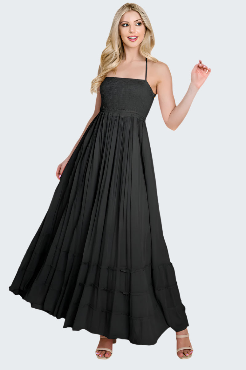 Smocked Flowy Boho Pleated Backless Maxi Dress